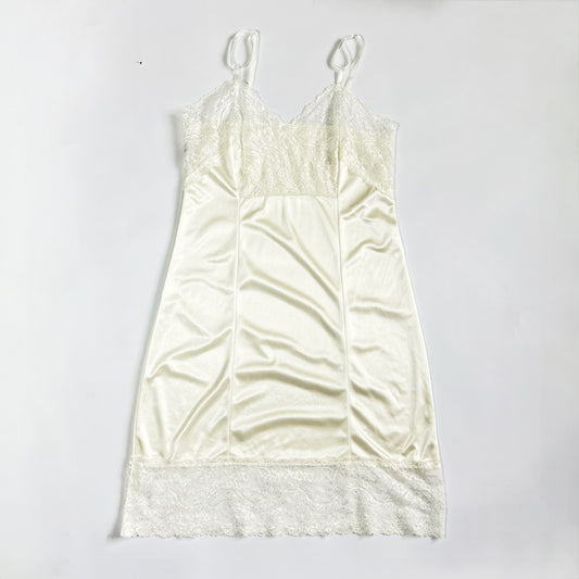 90's Slip Dress with Lace Hem & Bust in White - M