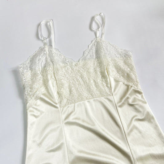 90's Slip Dress with Lace Hem & Bust in White - M
