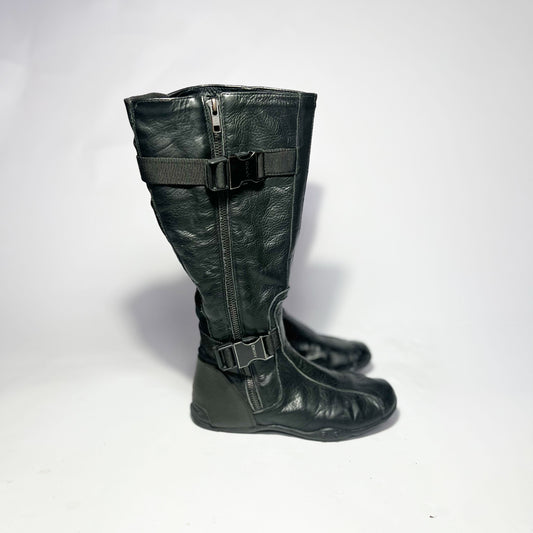 00's DKNY Leather Knee High Moto Boots with Buckle Detail - UK 3.5
