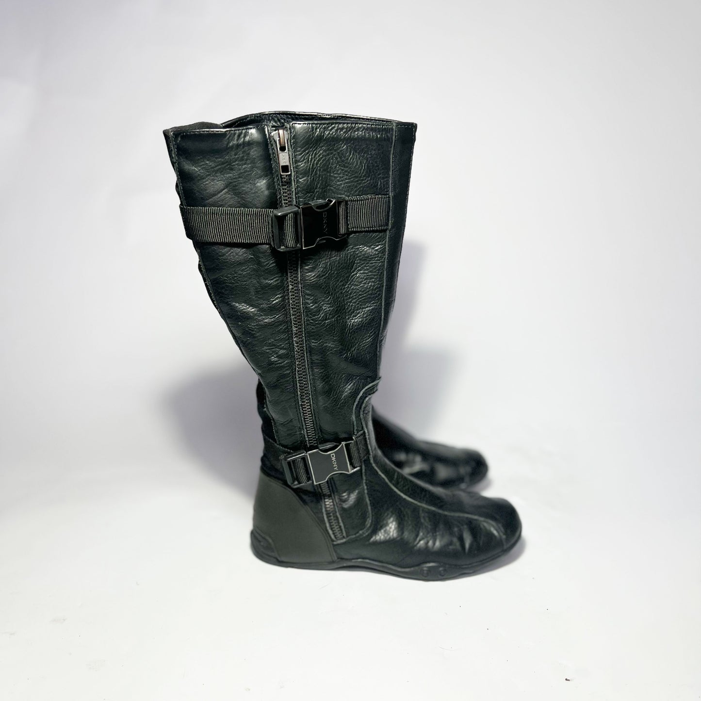 00's DKNY Leather Knee High Moto Boots with Buckle Detail - UK 3.5