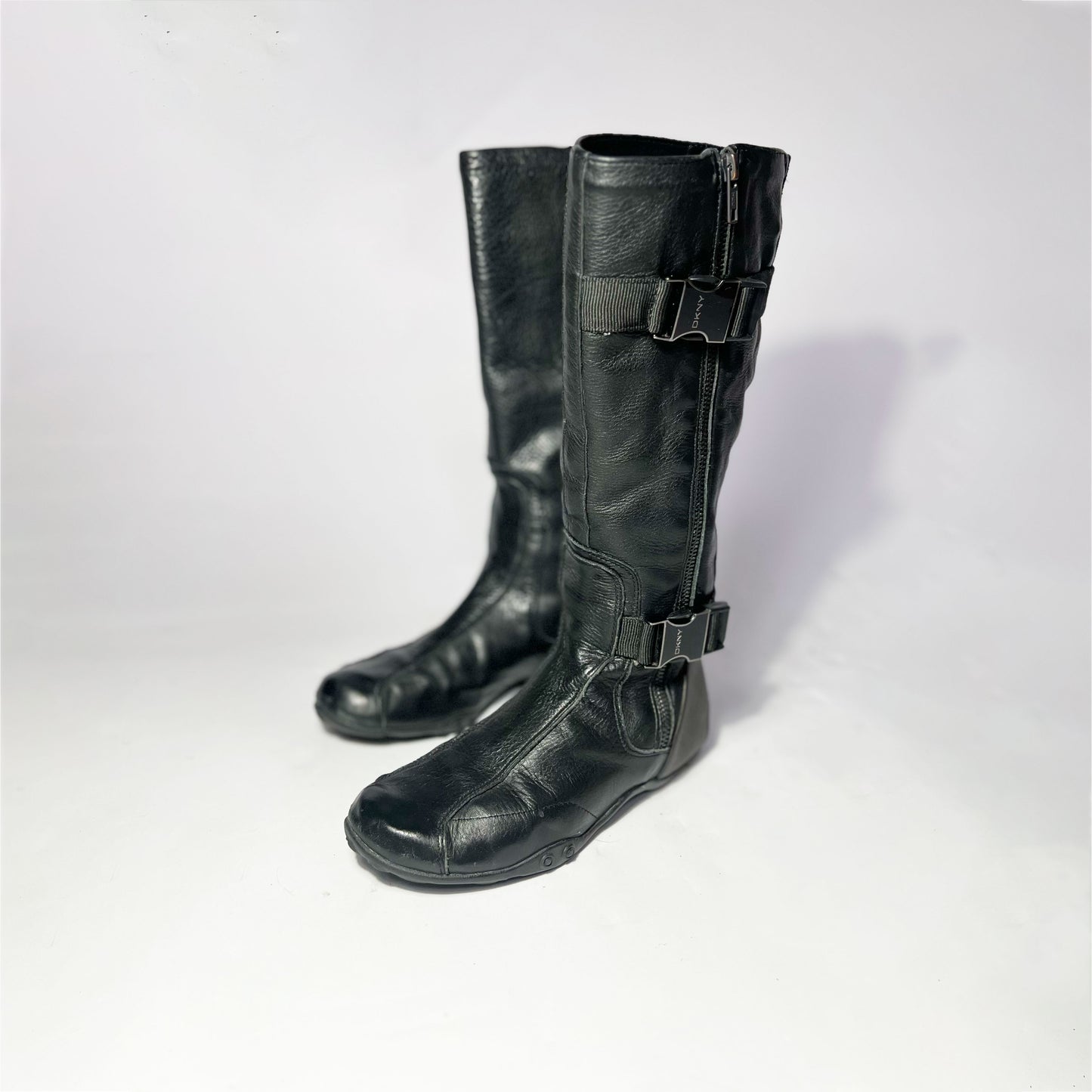00's DKNY Leather Knee High Moto Boots with Buckle Detail - UK 3.5
