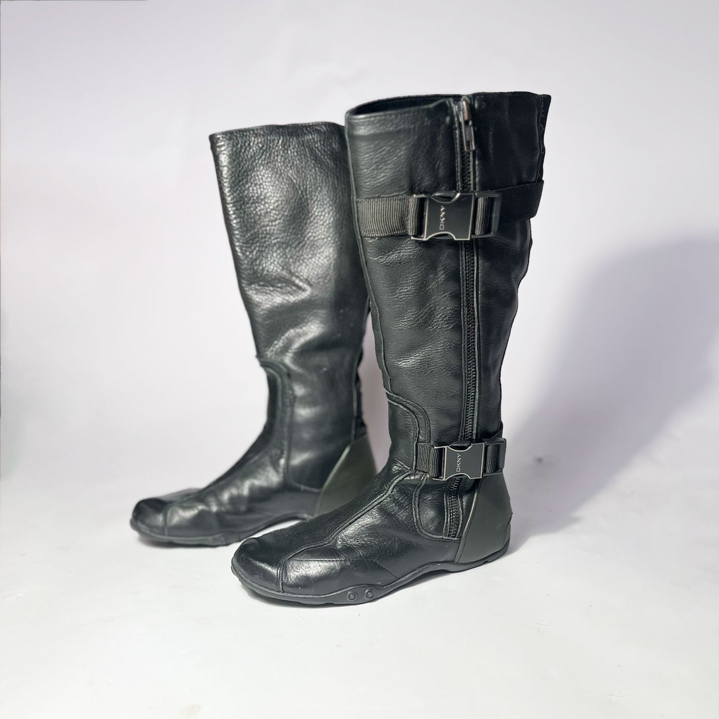 00's DKNY Leather Knee High Moto Boots with Buckle Detail - UK 3.5