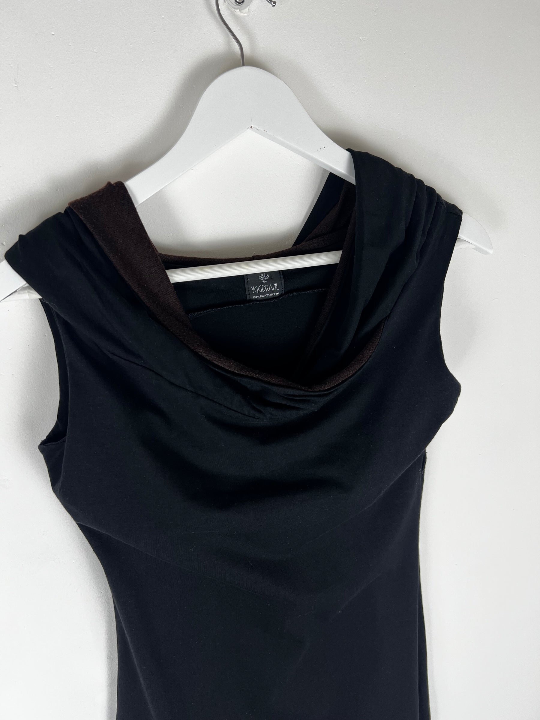 00's Sleeveless Mini Dress with Draped Cowlneck Hood - S