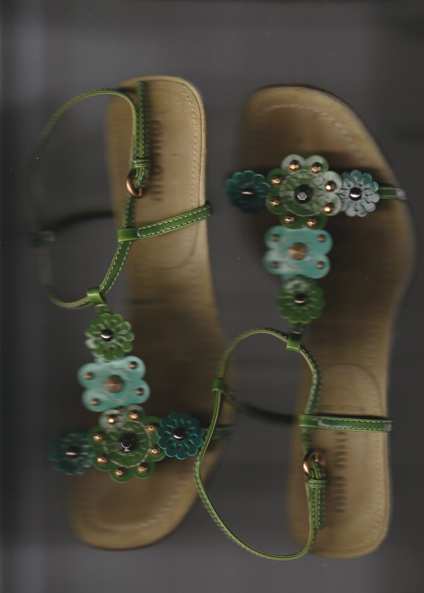 SS 2004 Miu Miu Floral T Bar Heels in Green / Aqua Suede & Leather  - UK 3