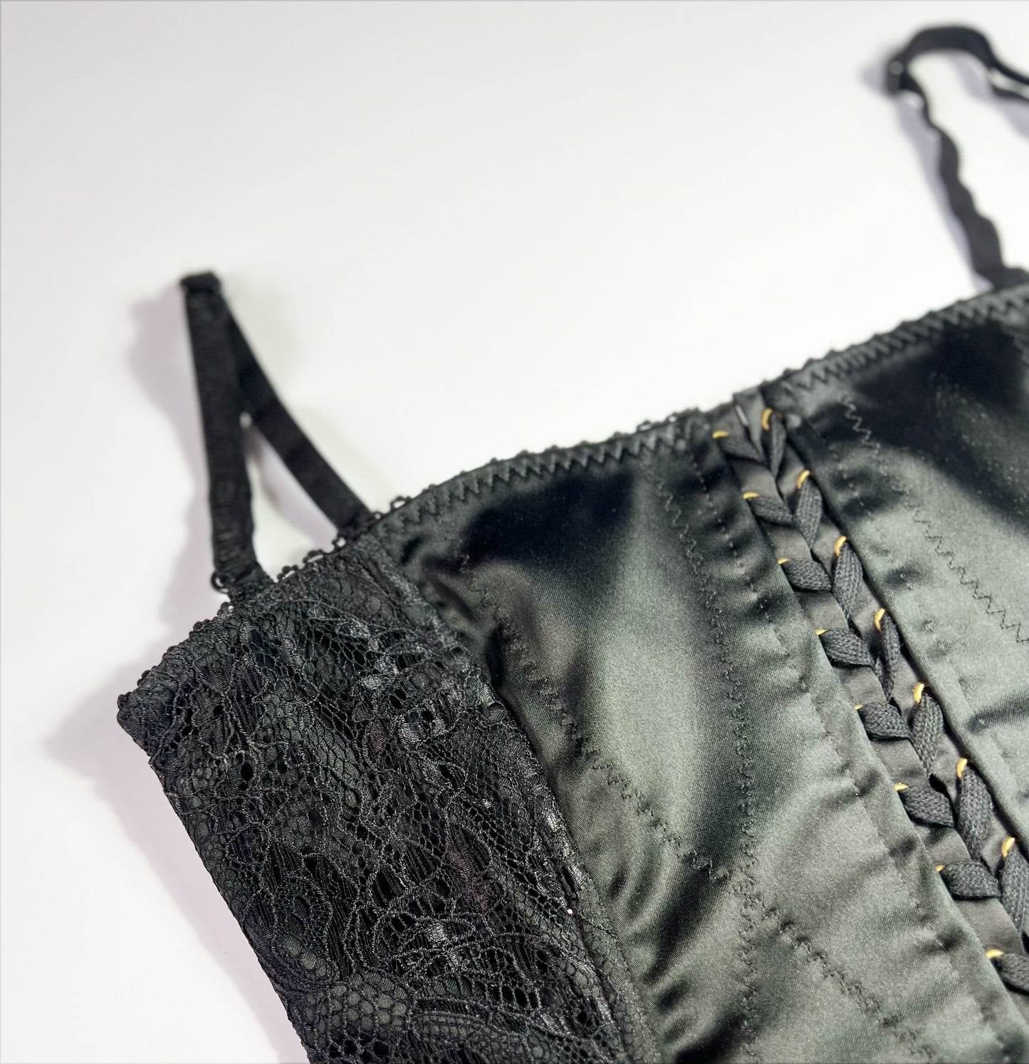 90's Dolce & Gabbana Lace Up Corset in Black Satin & Lace - XS