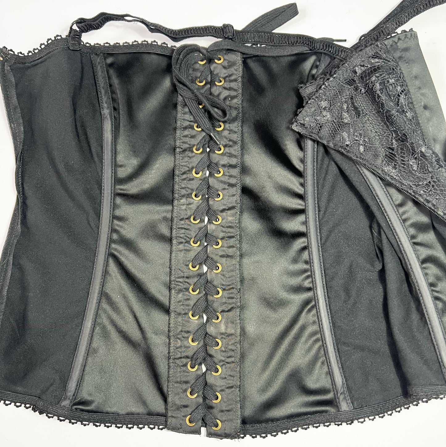90's Dolce & Gabbana Lace Up Corset in Black Satin & Lace - XS