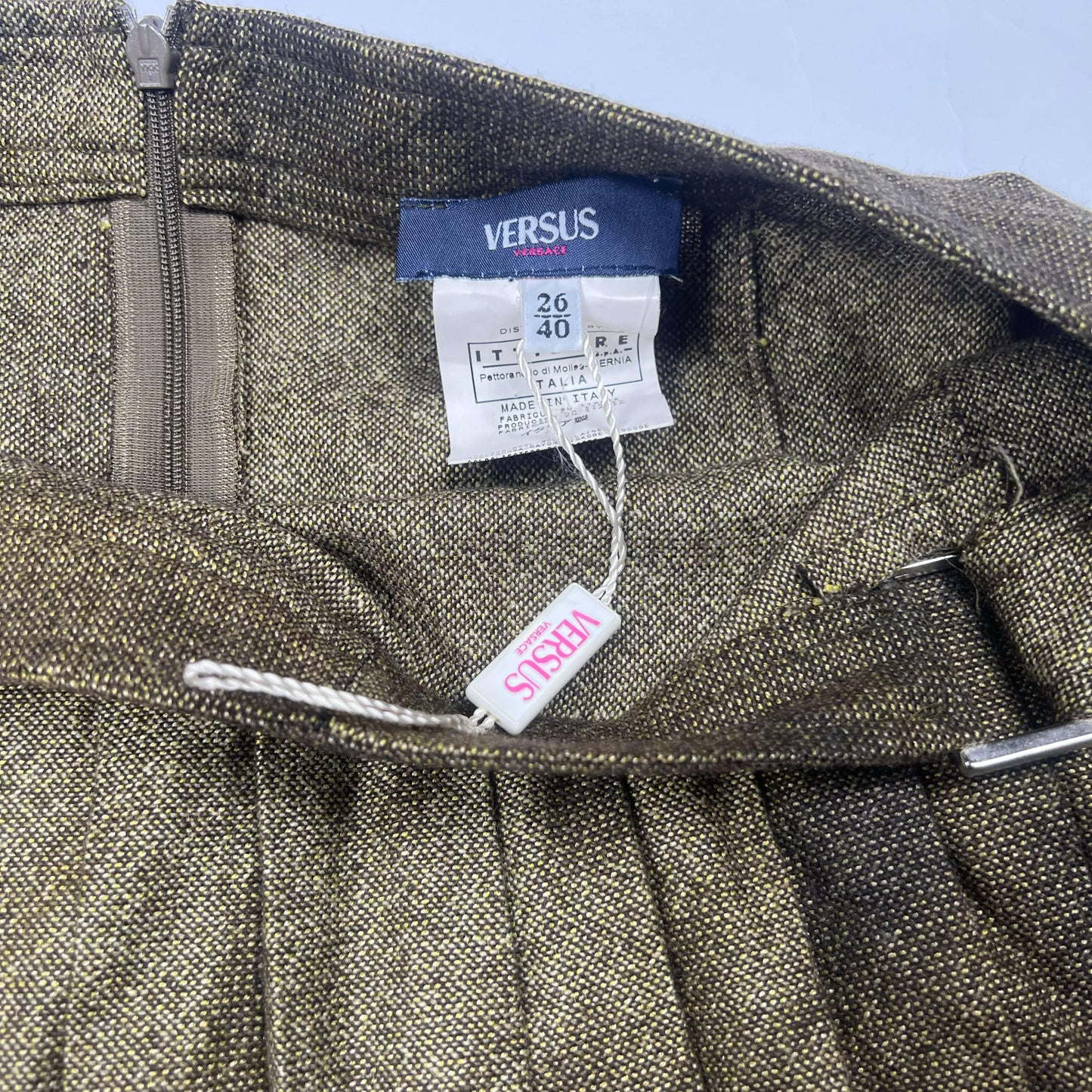 00's Versus Versace Wool Pleated Mini Skirt in Khaki - w30"