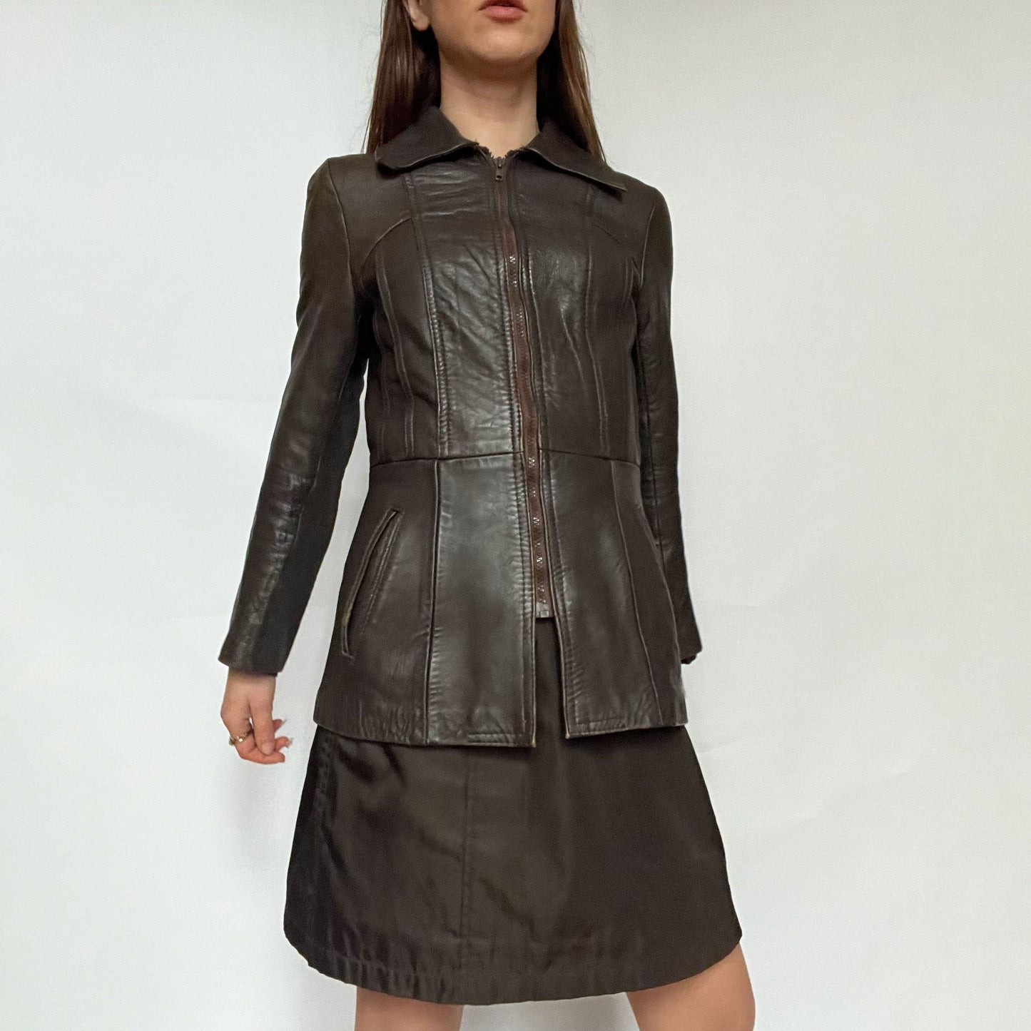 70's Fitted Leather Jacket with Peplum Hem in Brown - UK 10 
