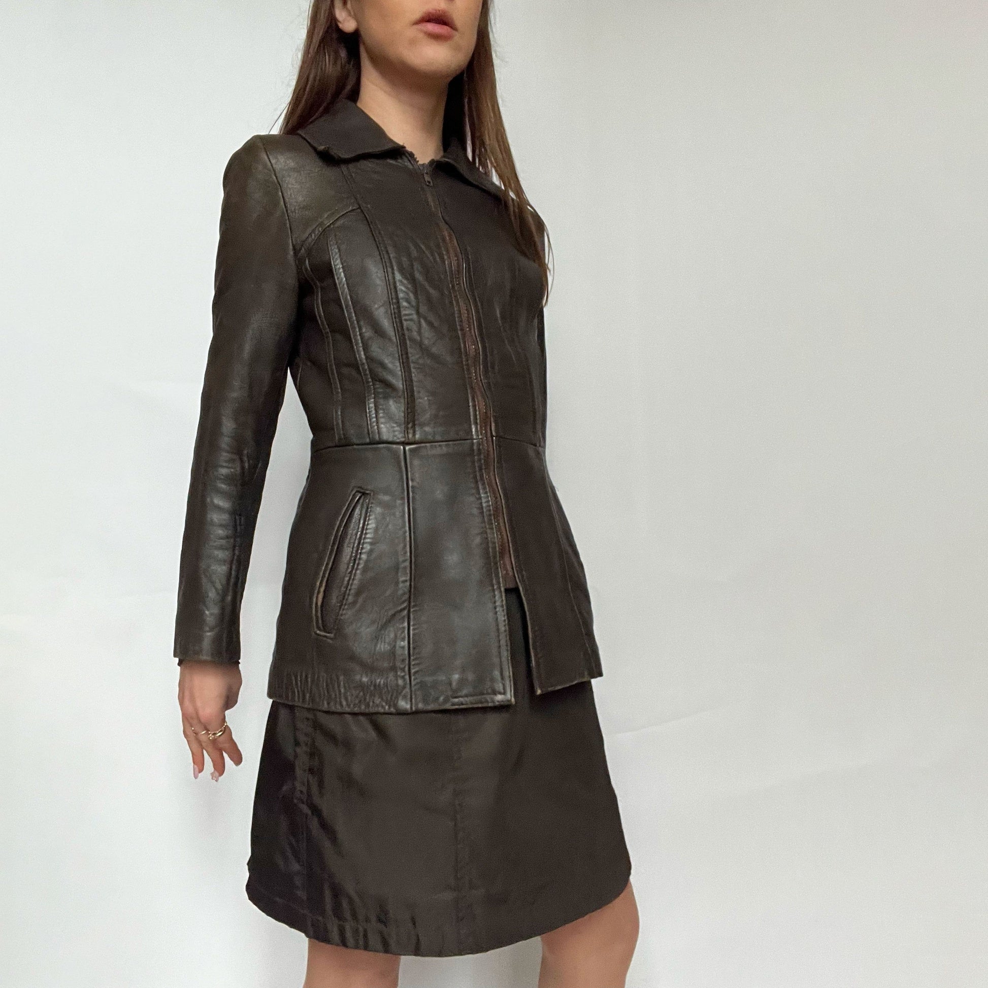 70's Fitted Leather Jacket with Peplum Hem in Brown - UK 10 
