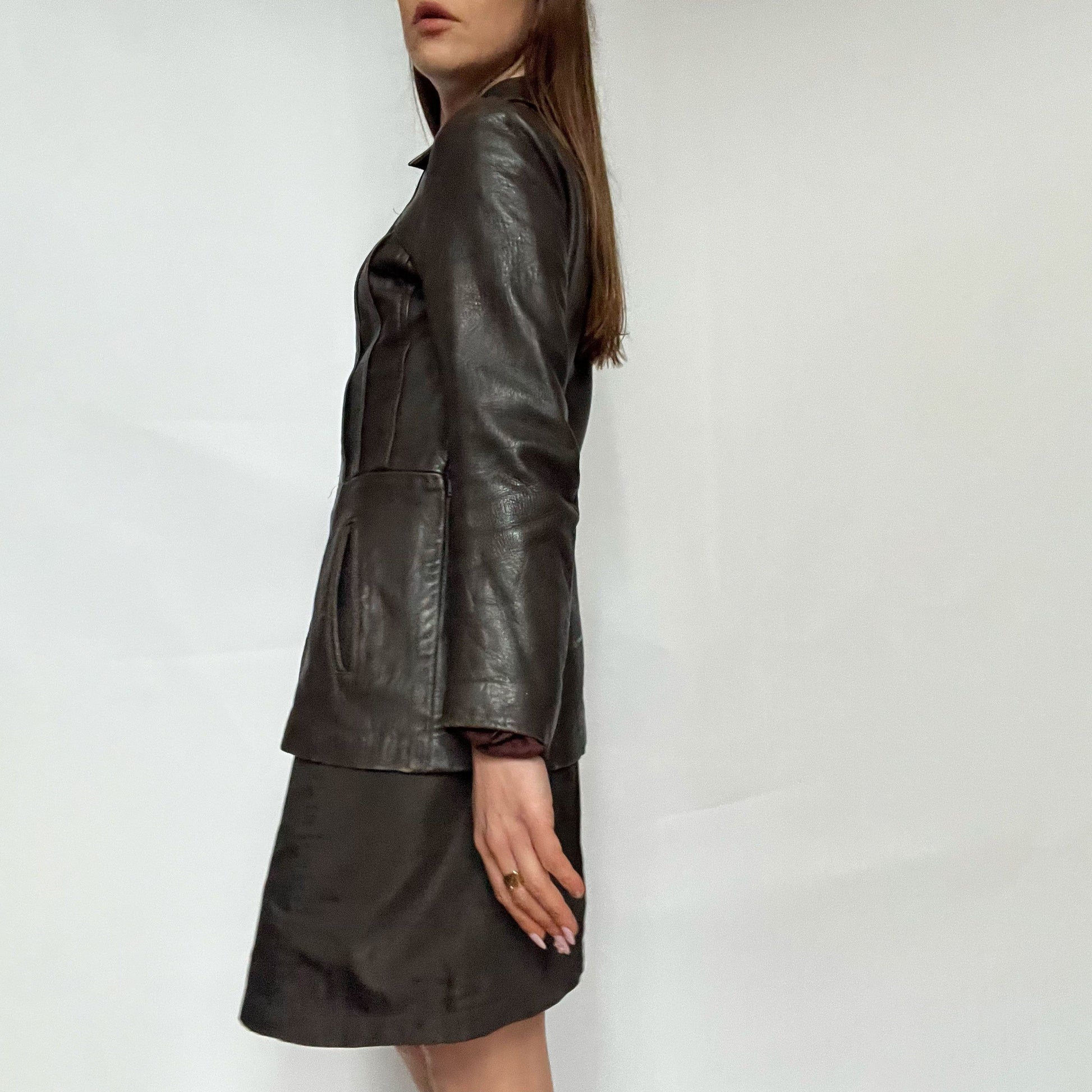 70's Fitted Leather Jacket with Peplum Hem in Brown - UK 10 