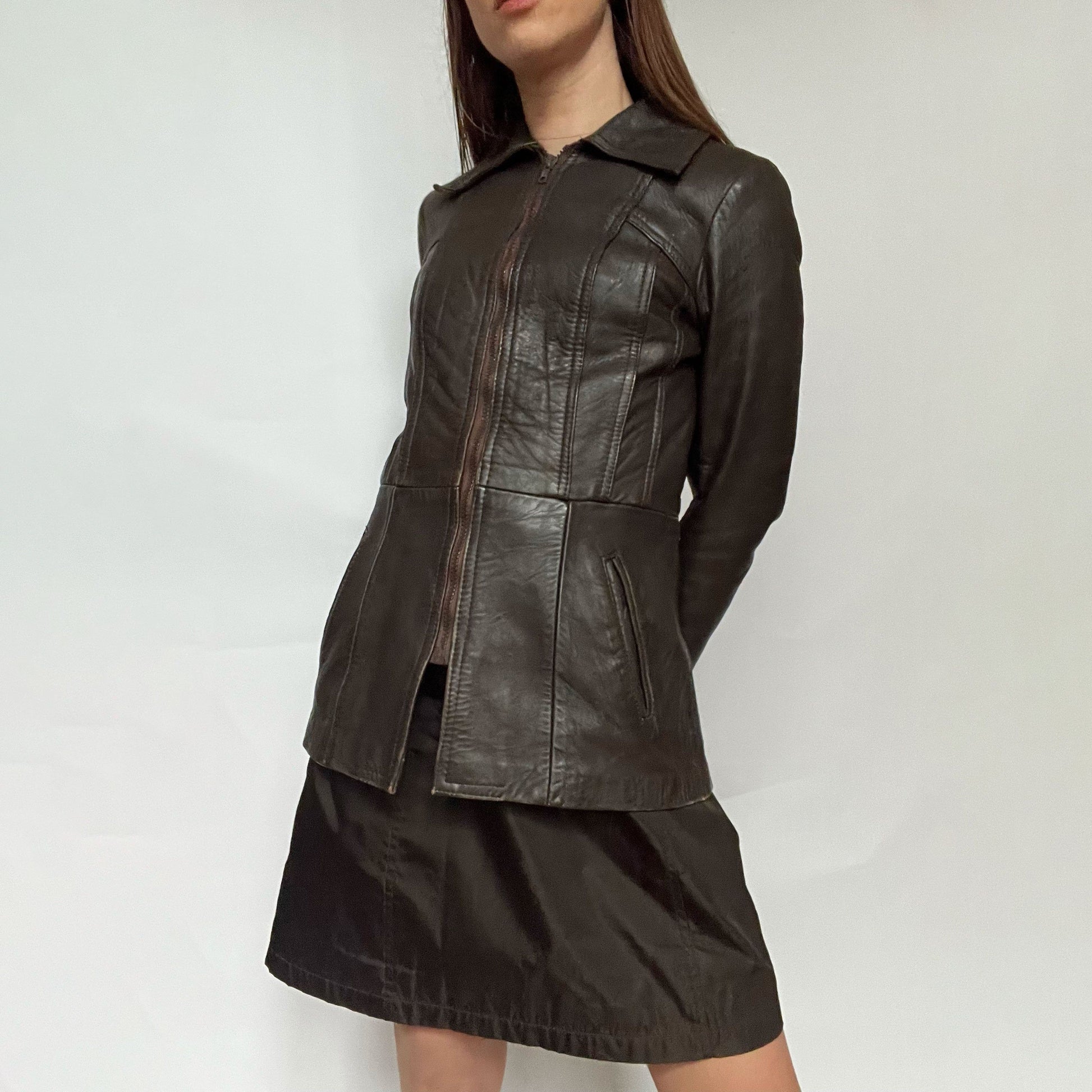 70's Fitted Leather Jacket with Peplum Hem in Brown - UK 10 