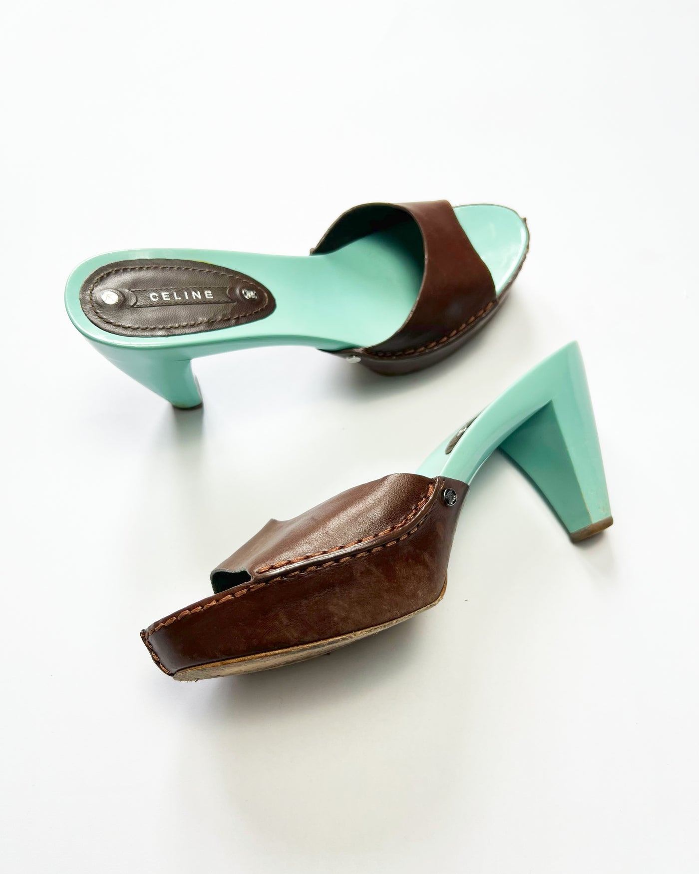 00's Celine Mule Colour Block Platform Heels in Aqua / Brown - UK 5