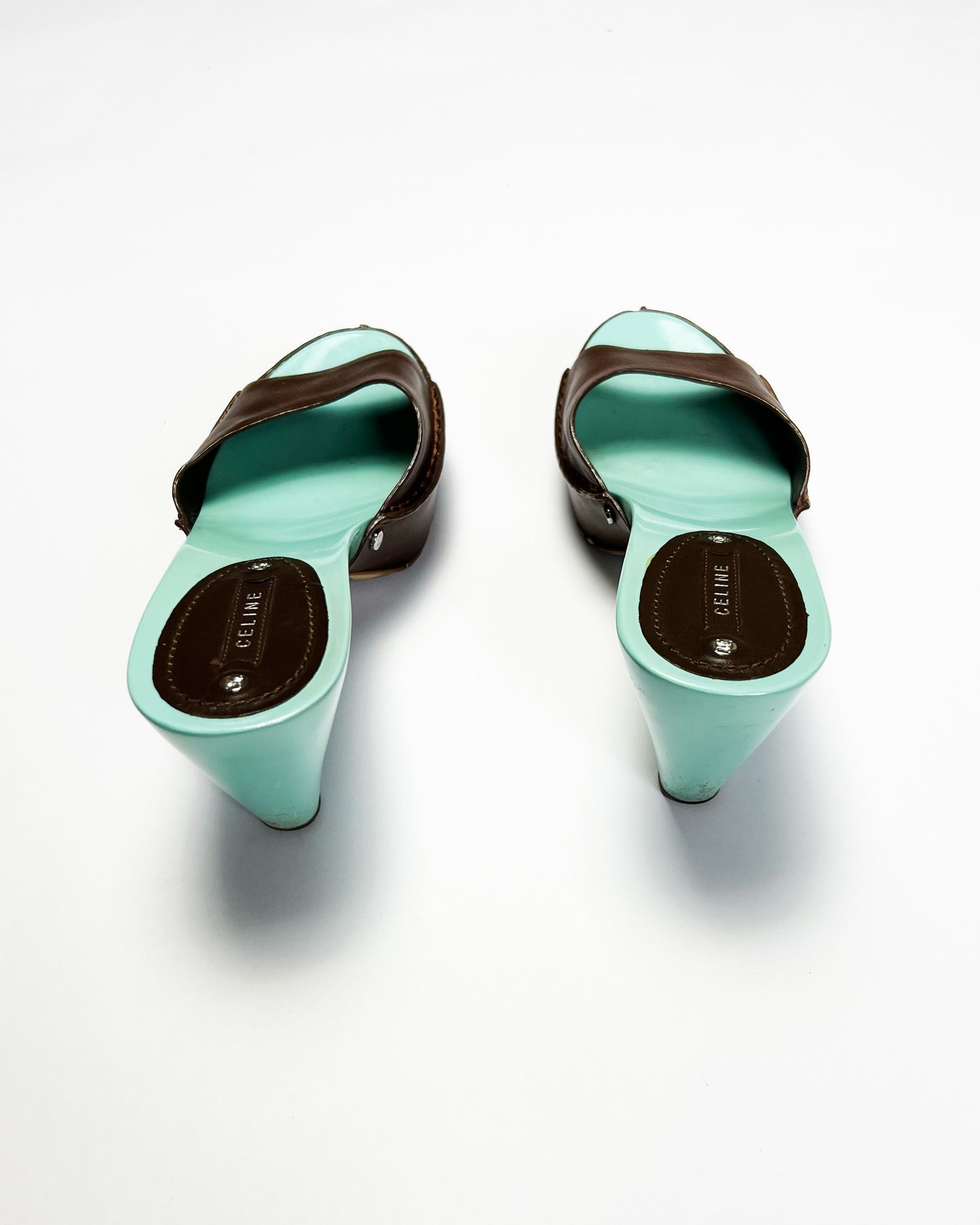 00's Celine Mule Colour Block Platform Heels in Aqua / Brown - UK 5