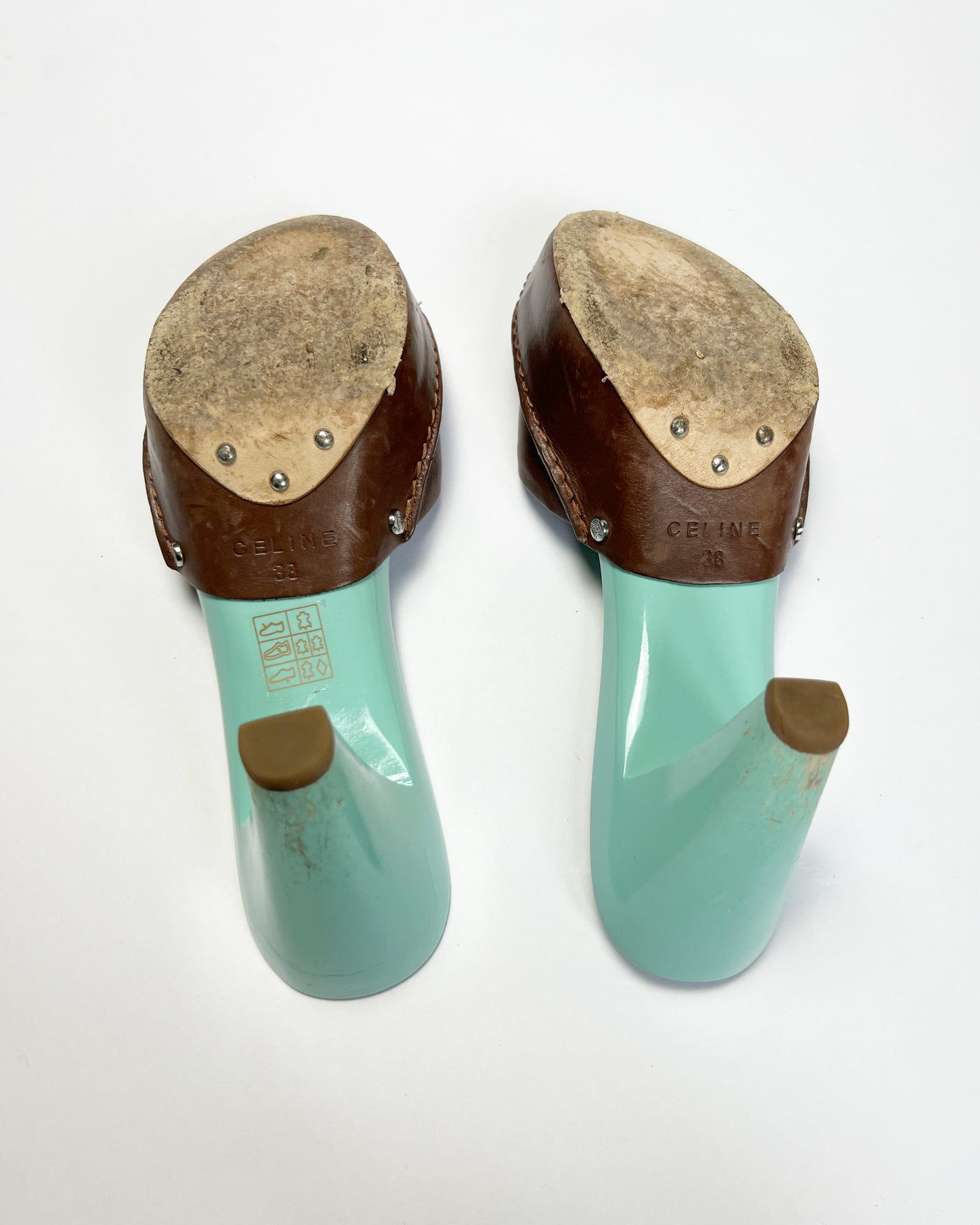 00's Celine Mule Colour Block Platform Heels in Aqua / Brown - UK 5