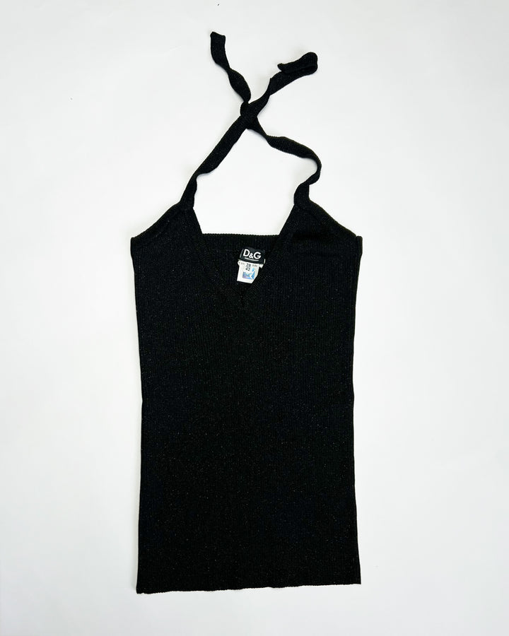 00's Dolce & Gabanna Halterneck Knit Top in Black with Silver Sheen - S