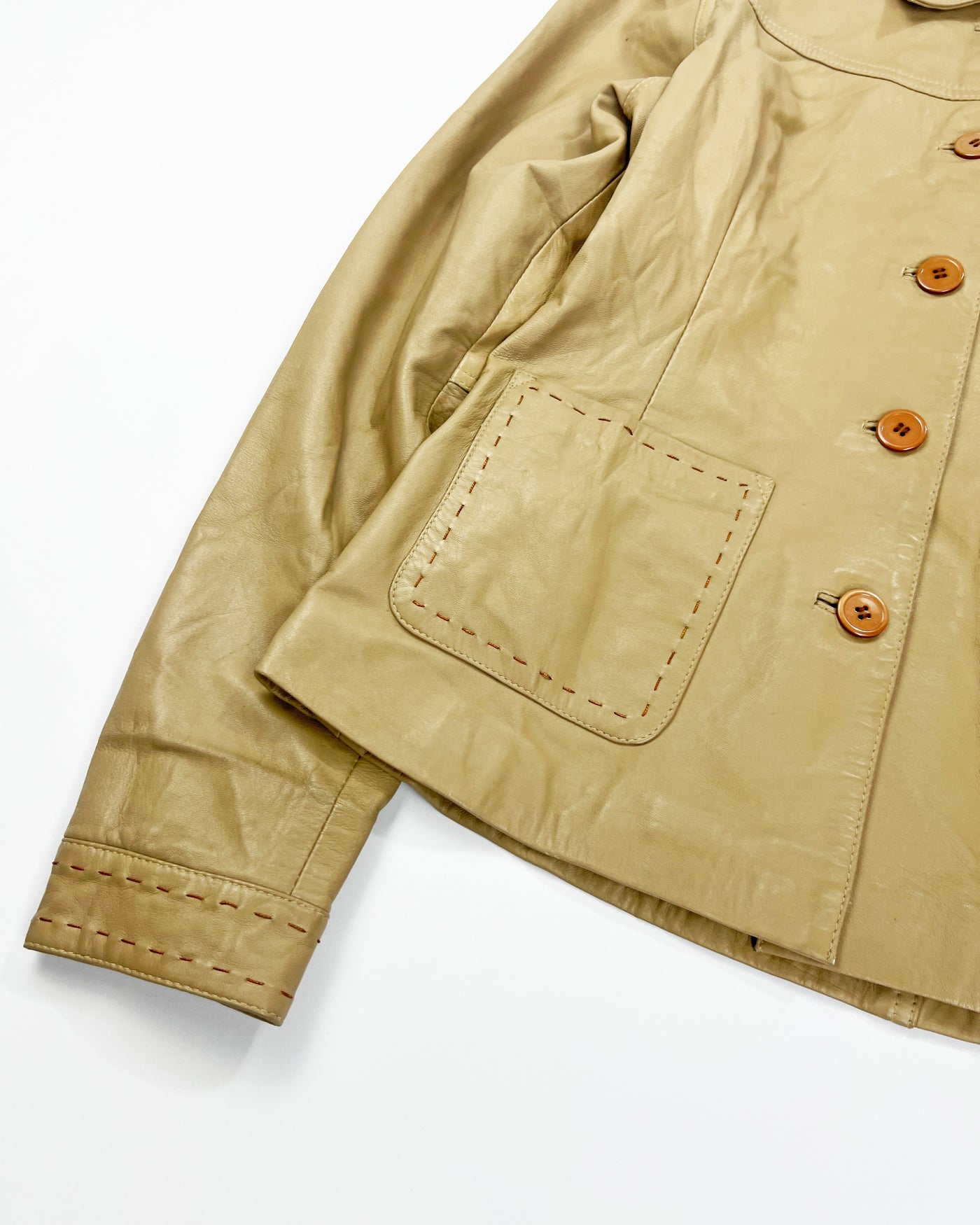 00's Leather Jacket Stitched detailing in Tan - L/XL