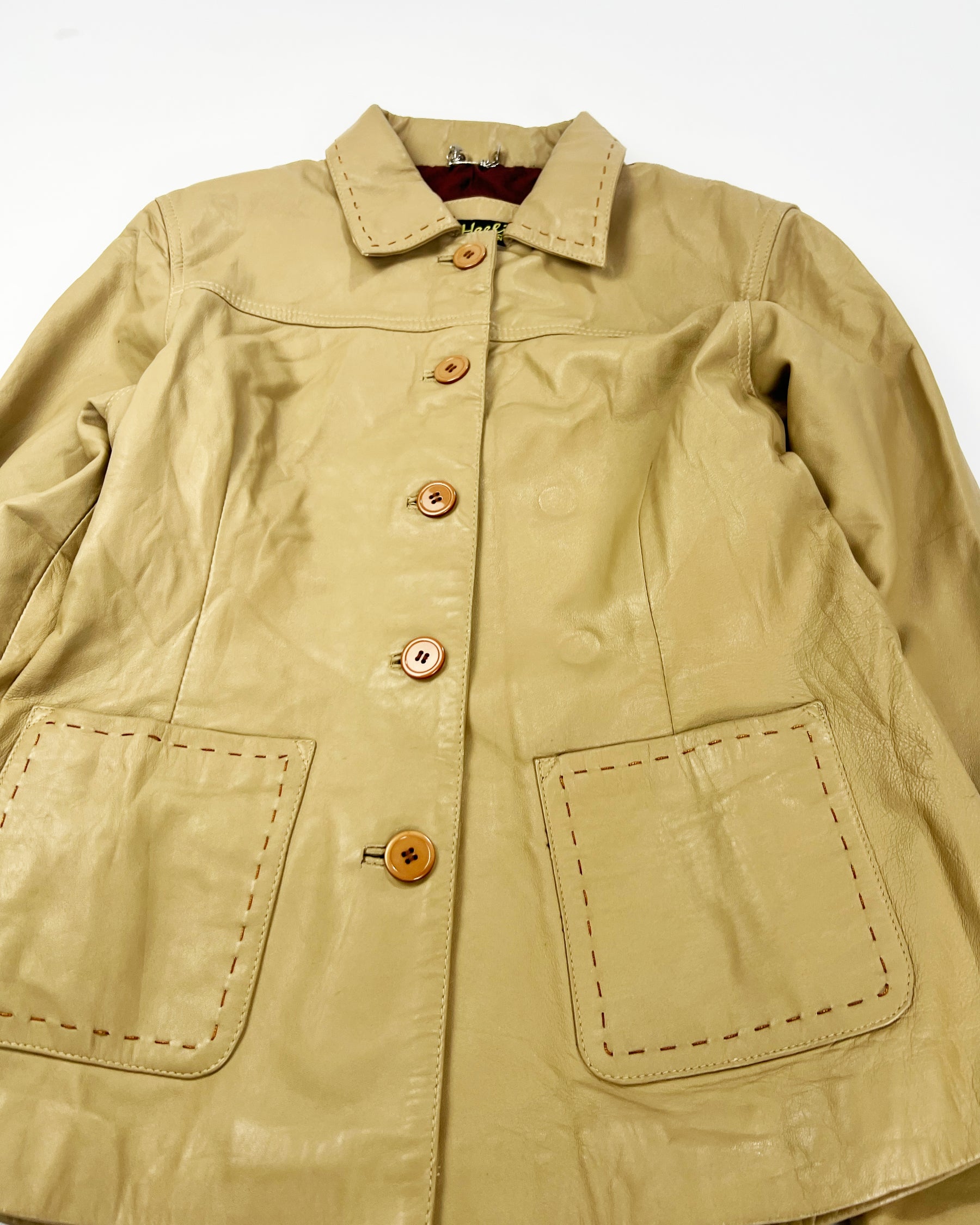 00's Leather Jacket Stitched detailing in Tan - L/XL