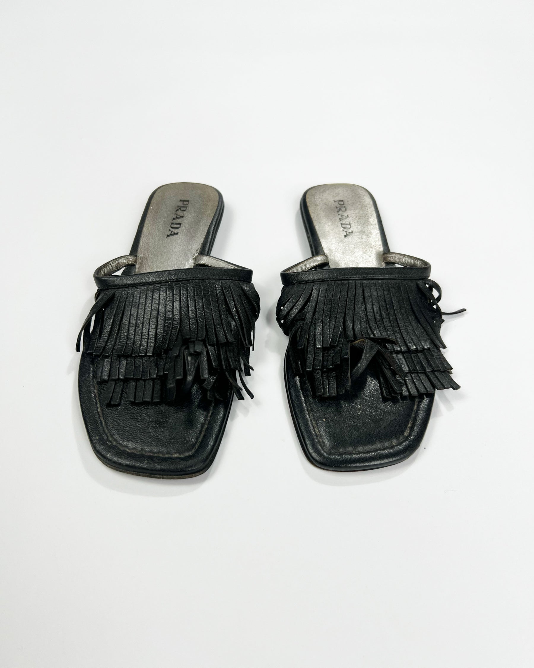00's Prada Leather Flip Flops with Fringe Trim Accent - UK 5