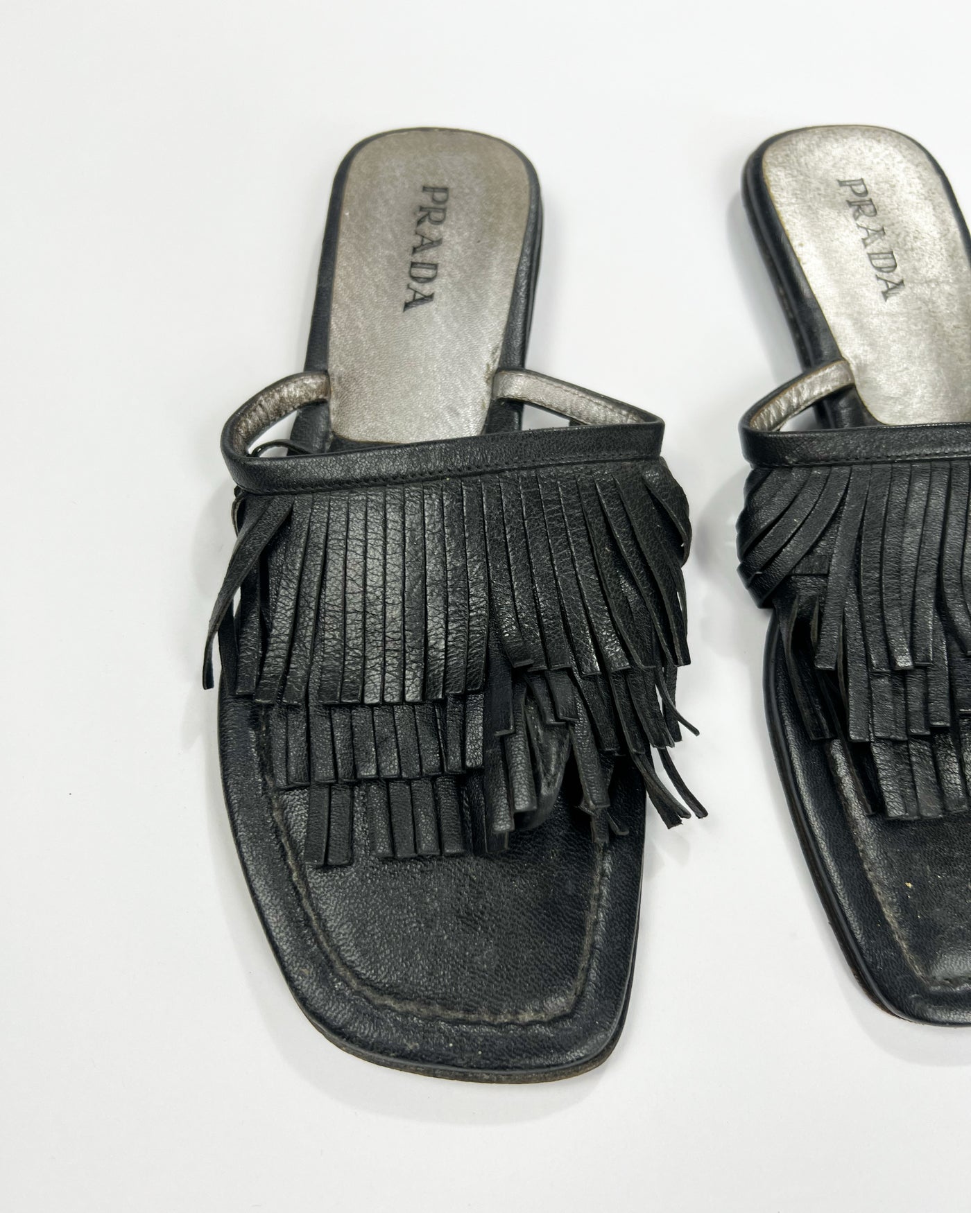 00's Prada Leather Flip Flops with Fringe Trim Accent - UK 5