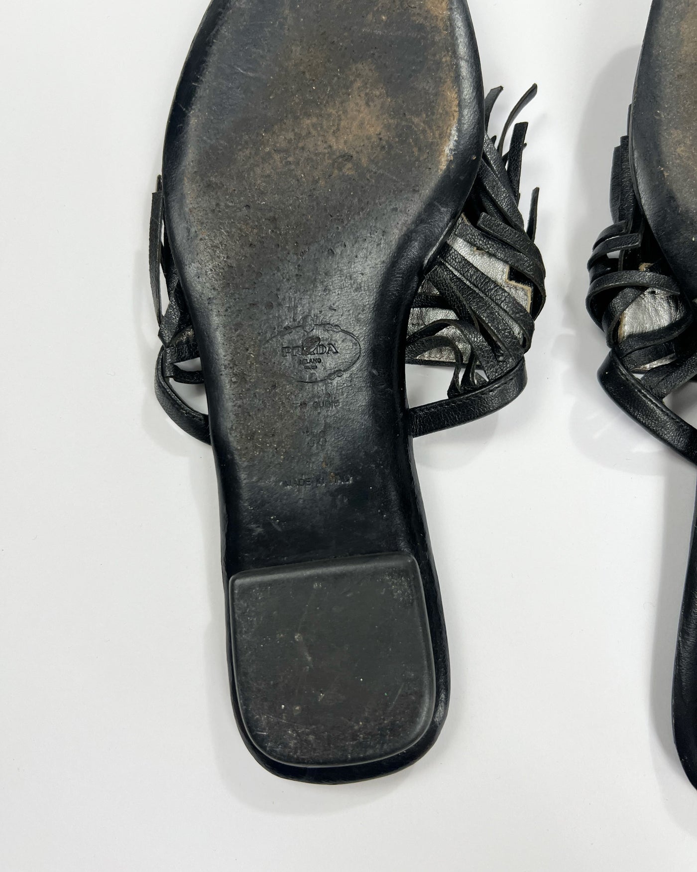 00's Prada Leather Flip Flops with Fringe Trim Accent - UK 5