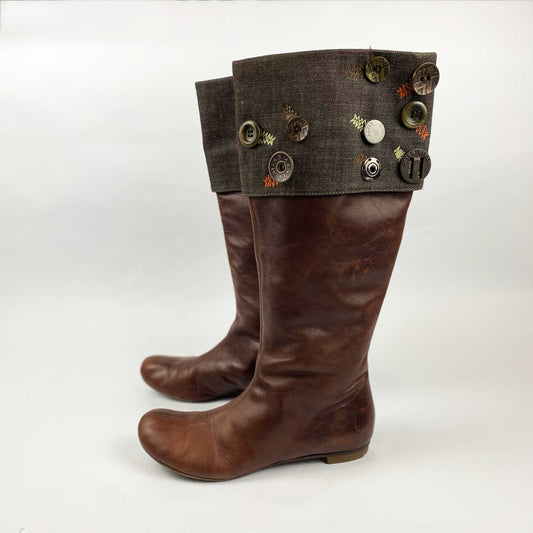 00's Miss Sixty Leather Knee High Boots with Denim Cuff & Button Detail - UK 4