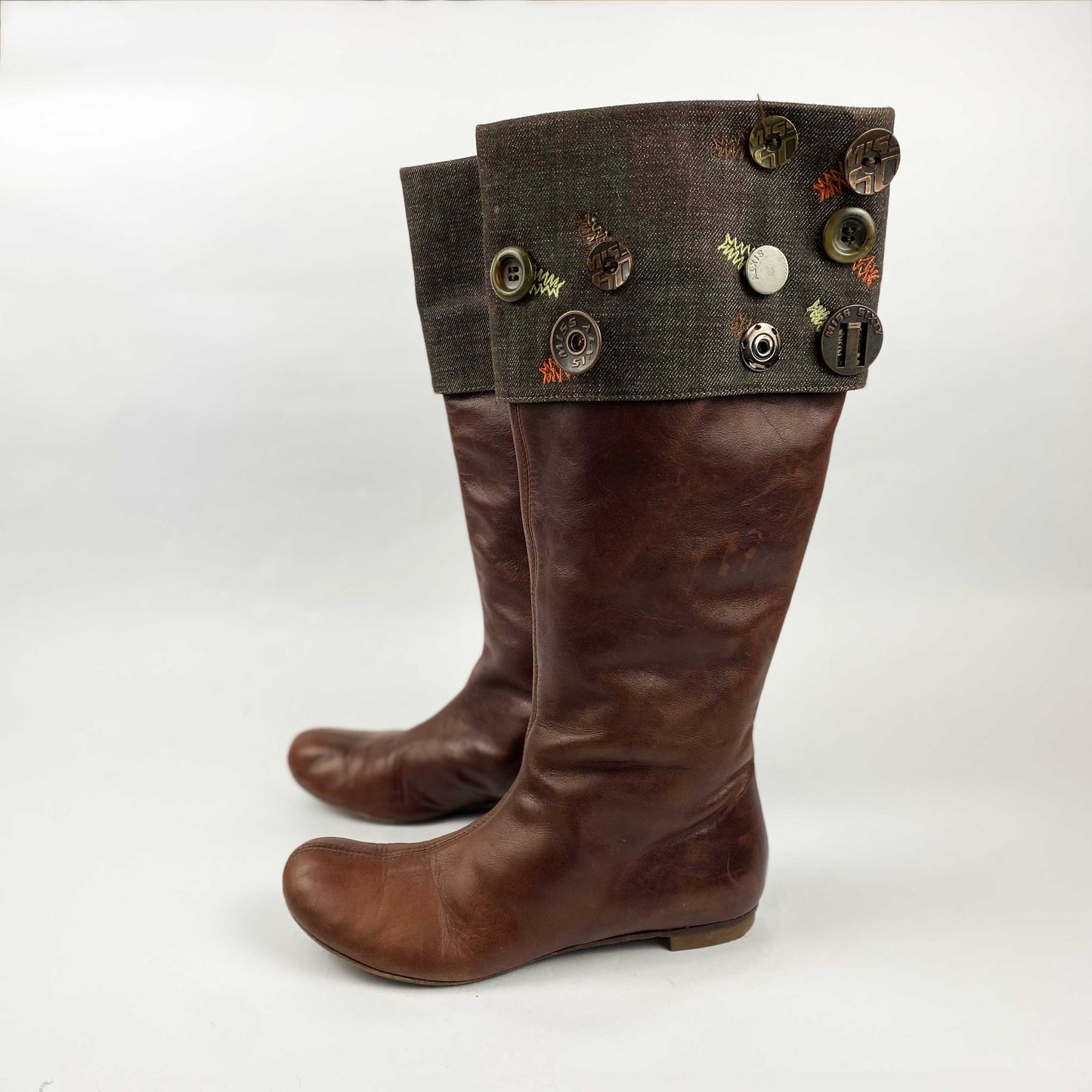 00's Miss Sixty Leather Knee High Boots with Denim Cuff & Button Detail - UK 4