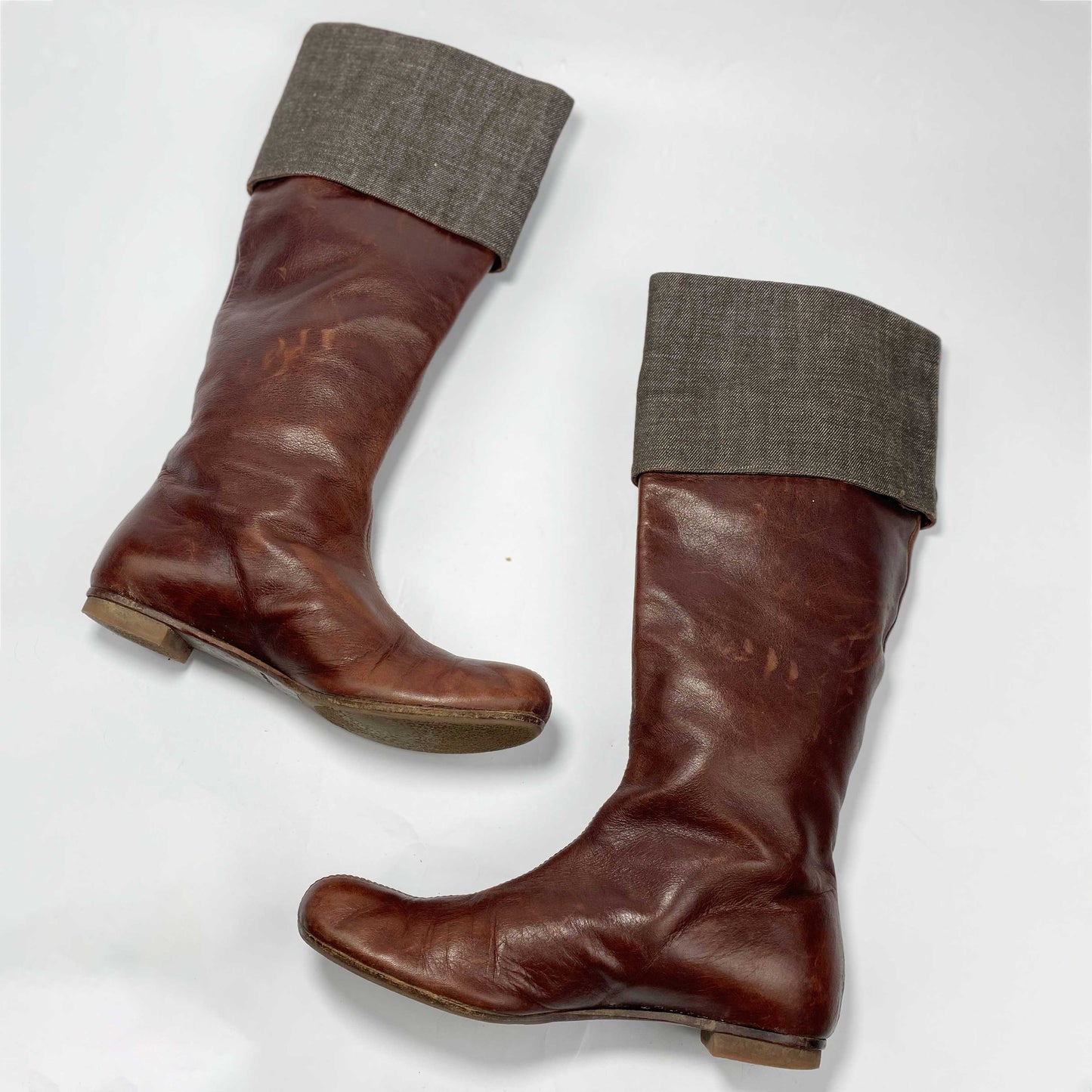 00's Miss Sixty Leather Knee High Boots with Denim Cuff & Button Detail - UK 4