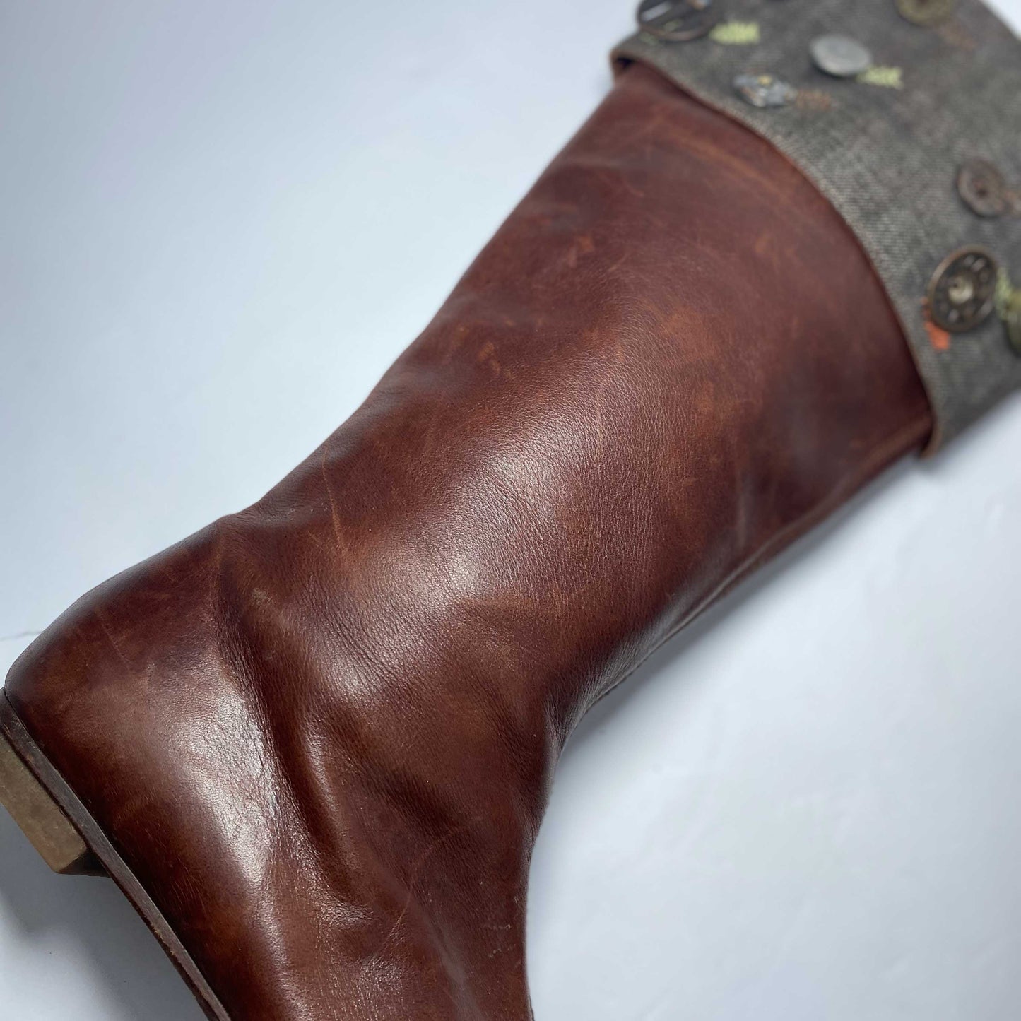 00's Miss Sixty Leather Knee High Boots with Denim Cuff & Button Detail - UK 4