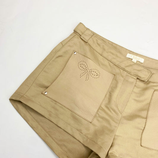 00's Chloe Hot Pant Shorts with Leather Pockets & Bow Detailing in Tan - XS