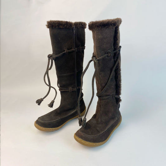 Vintage Suede & Shearling Knee High Tassled Boots in Brown - UK 4