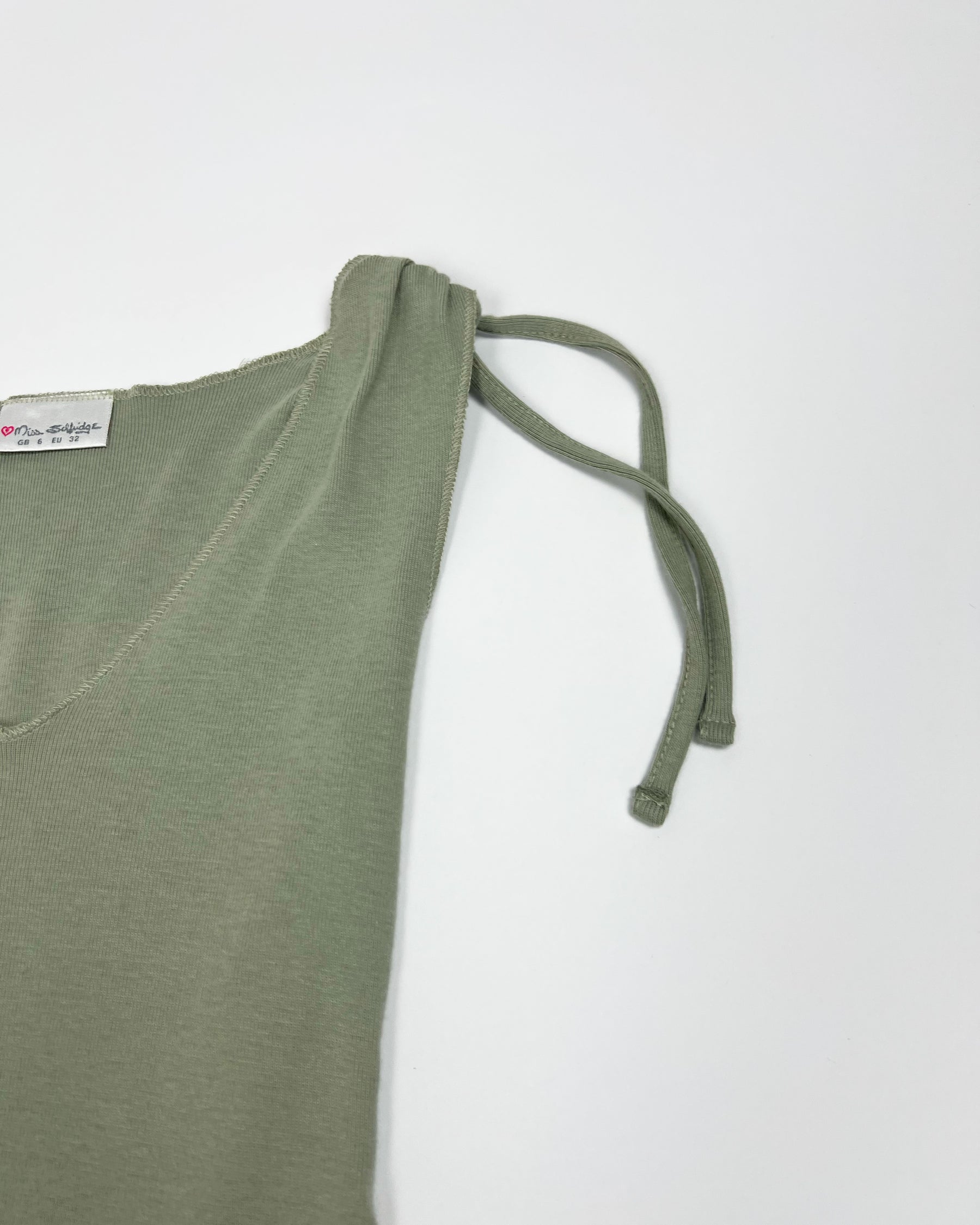 00's Miss Selfridge Tank Top with Tie Shoulders in Khaki - XS