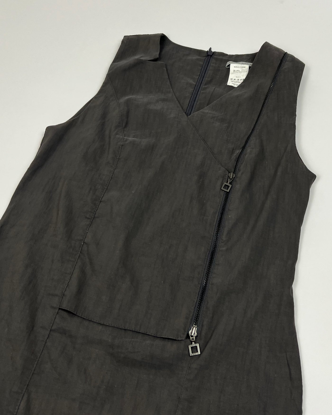 Vintage Sarah Pacini Sleeveless Linen Dress with Utility Zip in Grey - S