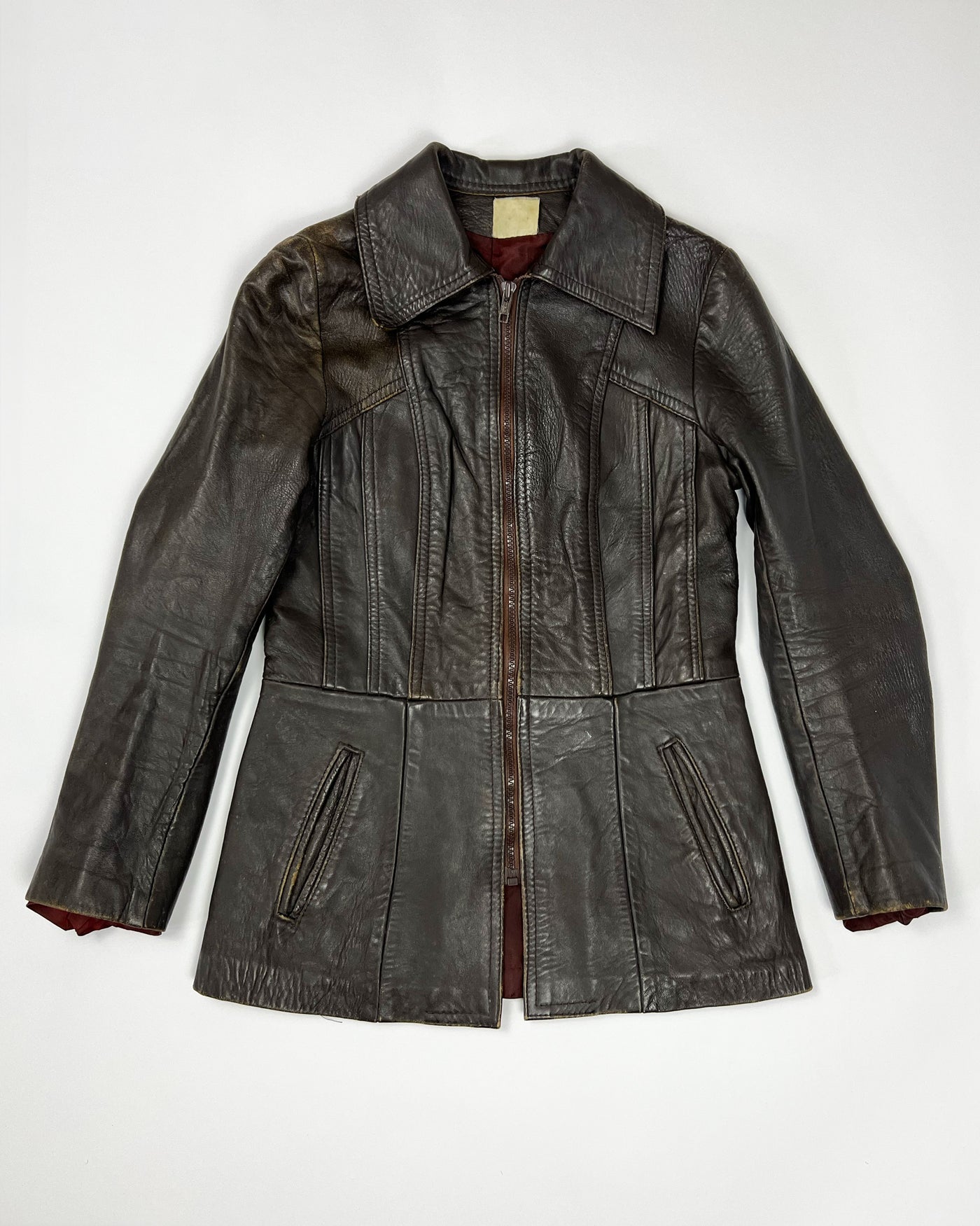 70's Fitted Leather Jacket with Peplum Hem in Brown - Ms