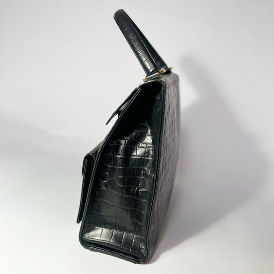 Vintage Yves Saint Laurent Top Handle Bag in Black Croc Embossed Leather 