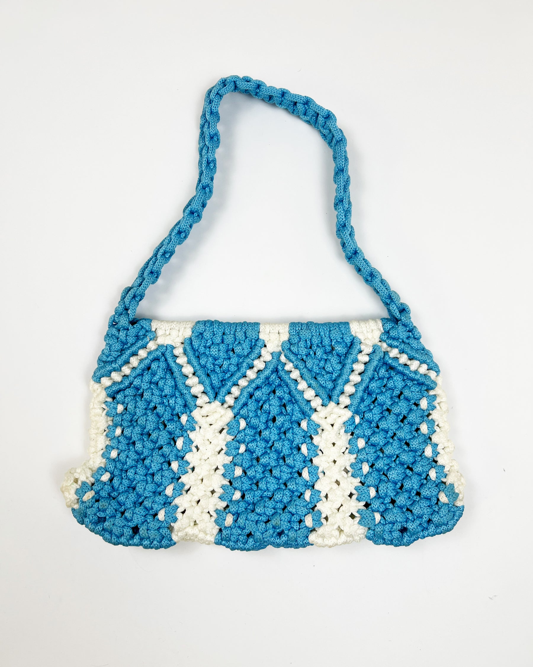 Vintage Crochet Shoulder Bag in Blue/ White