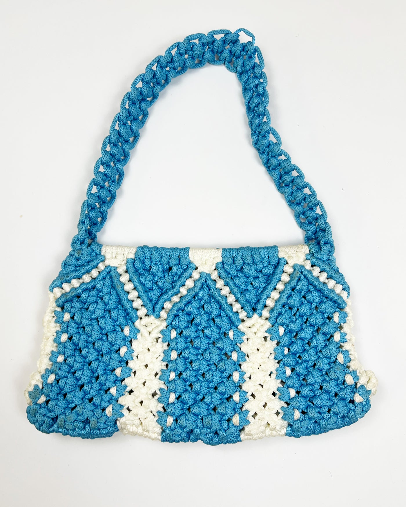 Vintage Crochet Shoulder Bag in Blue/ White