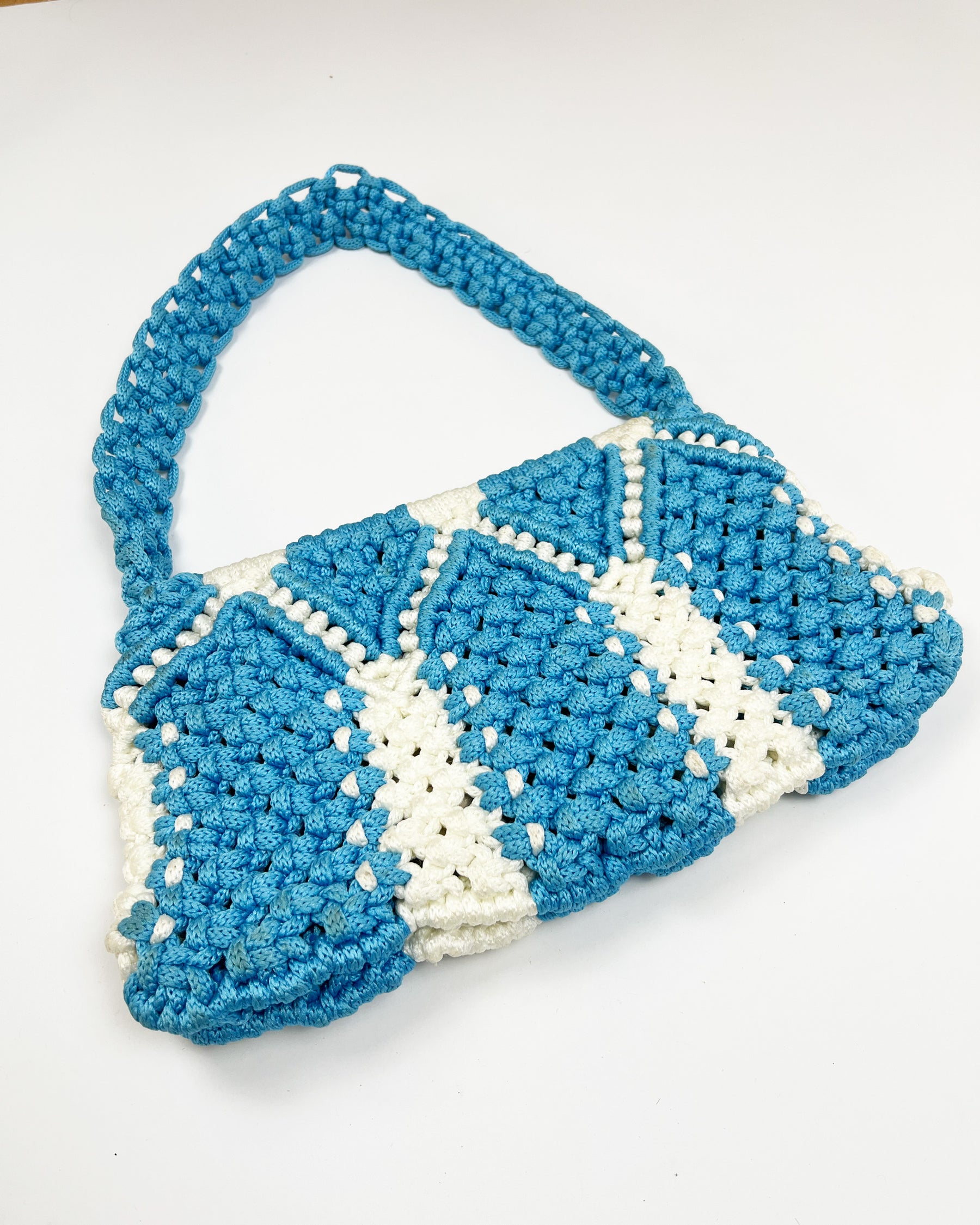Vintage Crochet Shoulder Bag in Blue/ White