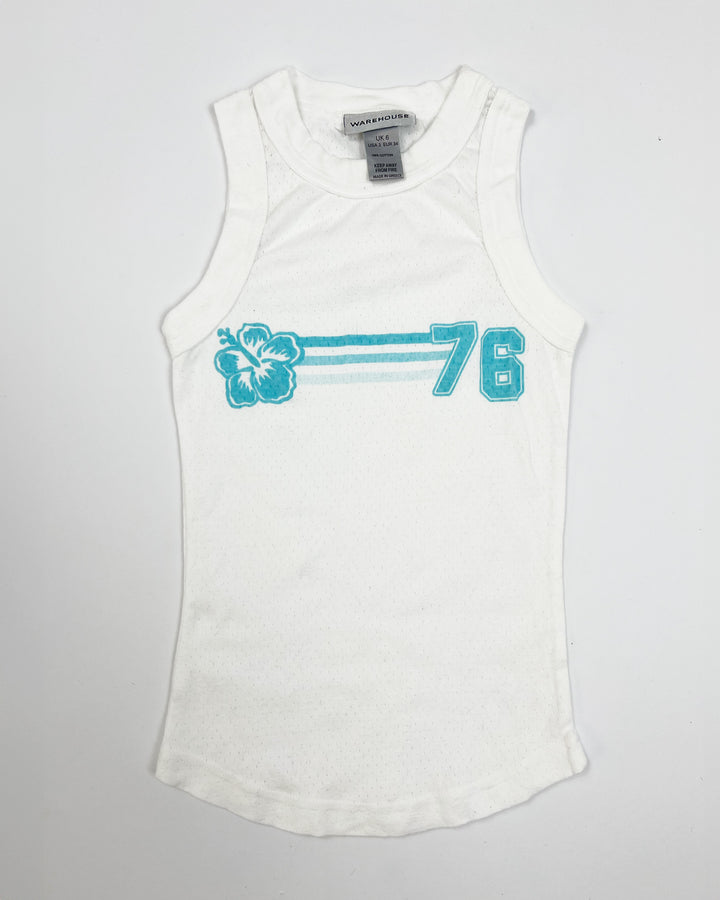 00's Tank Top with Aqua Sport Number & Hibiscus Print in White - XS