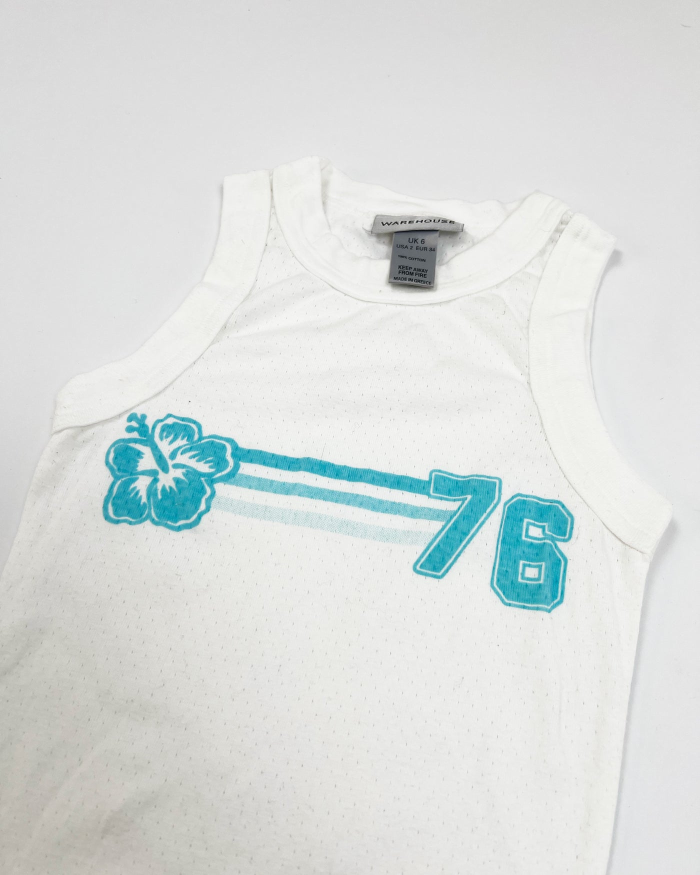 00's Tank Top with Aqua Sport Number & Hibiscus Print in White - XS