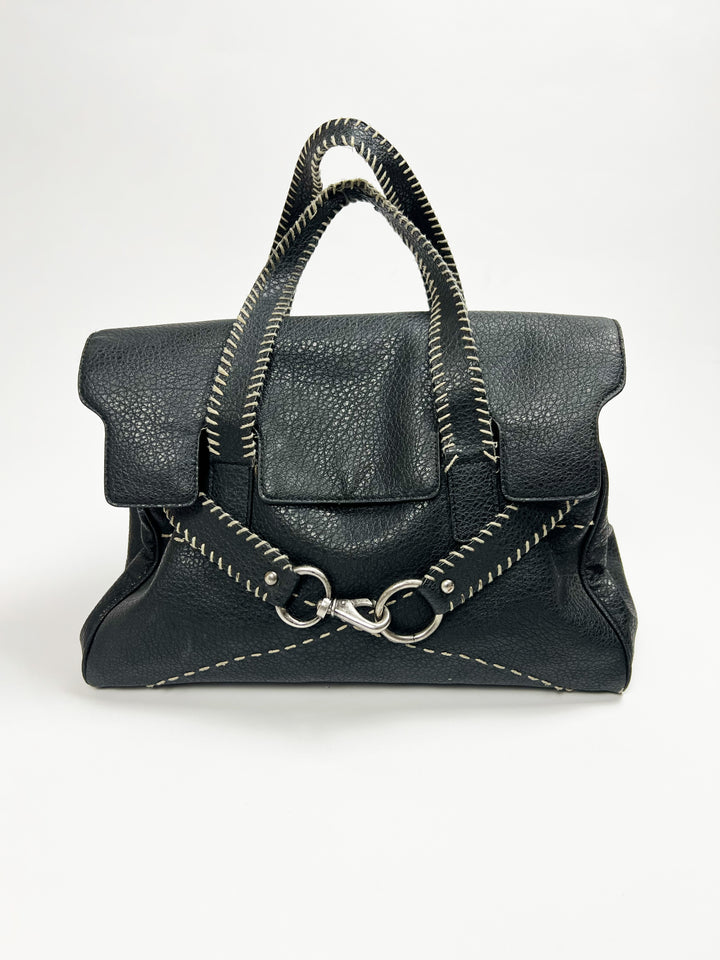 00's Black Faux Leather Top Handle Bag with Lobster Claw Clasp & Whipstitch Detail