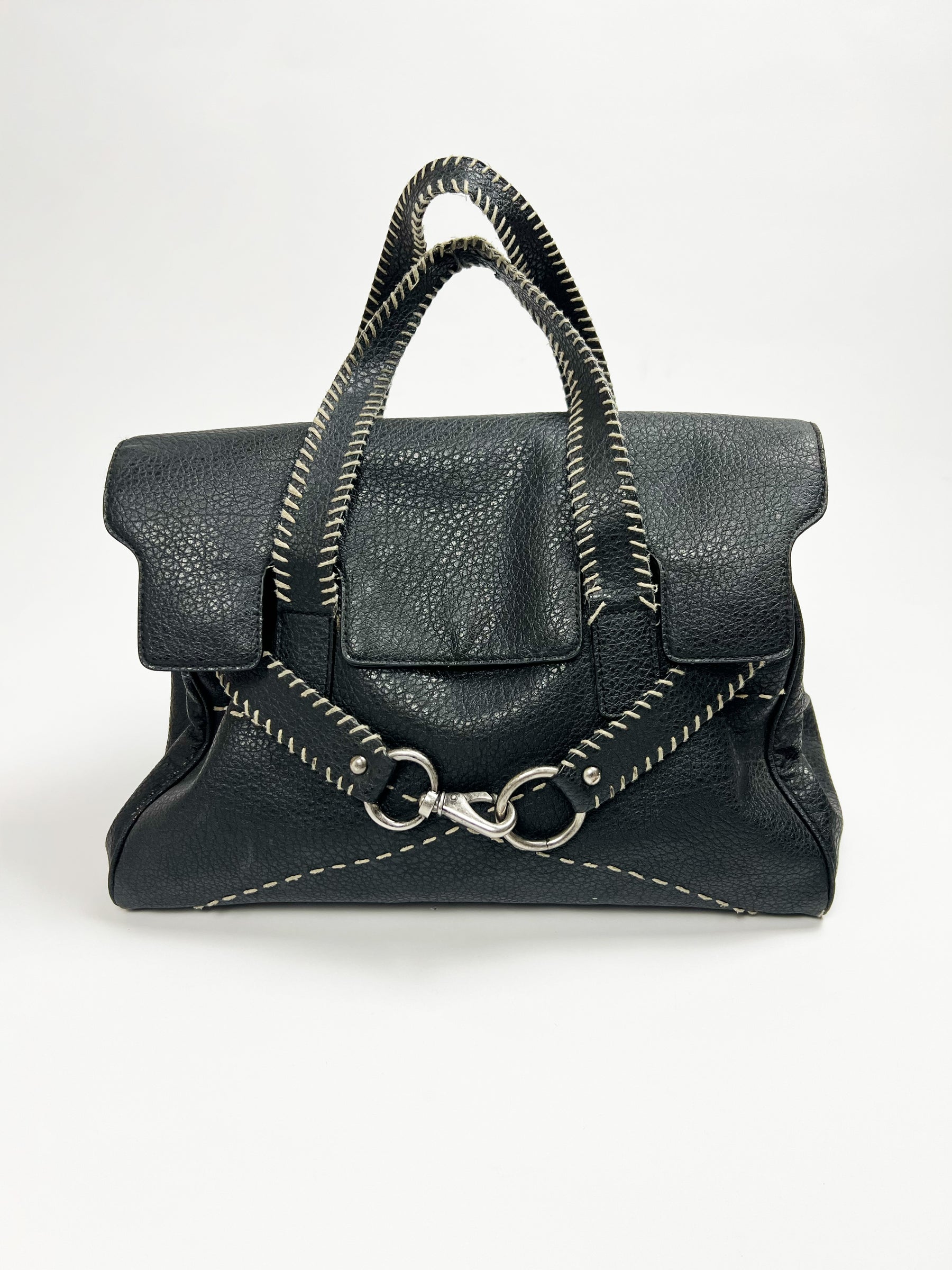 00's Black Faux Leather Top Handle Bag with Lobster Claw Clasp & Whipstitch Detail