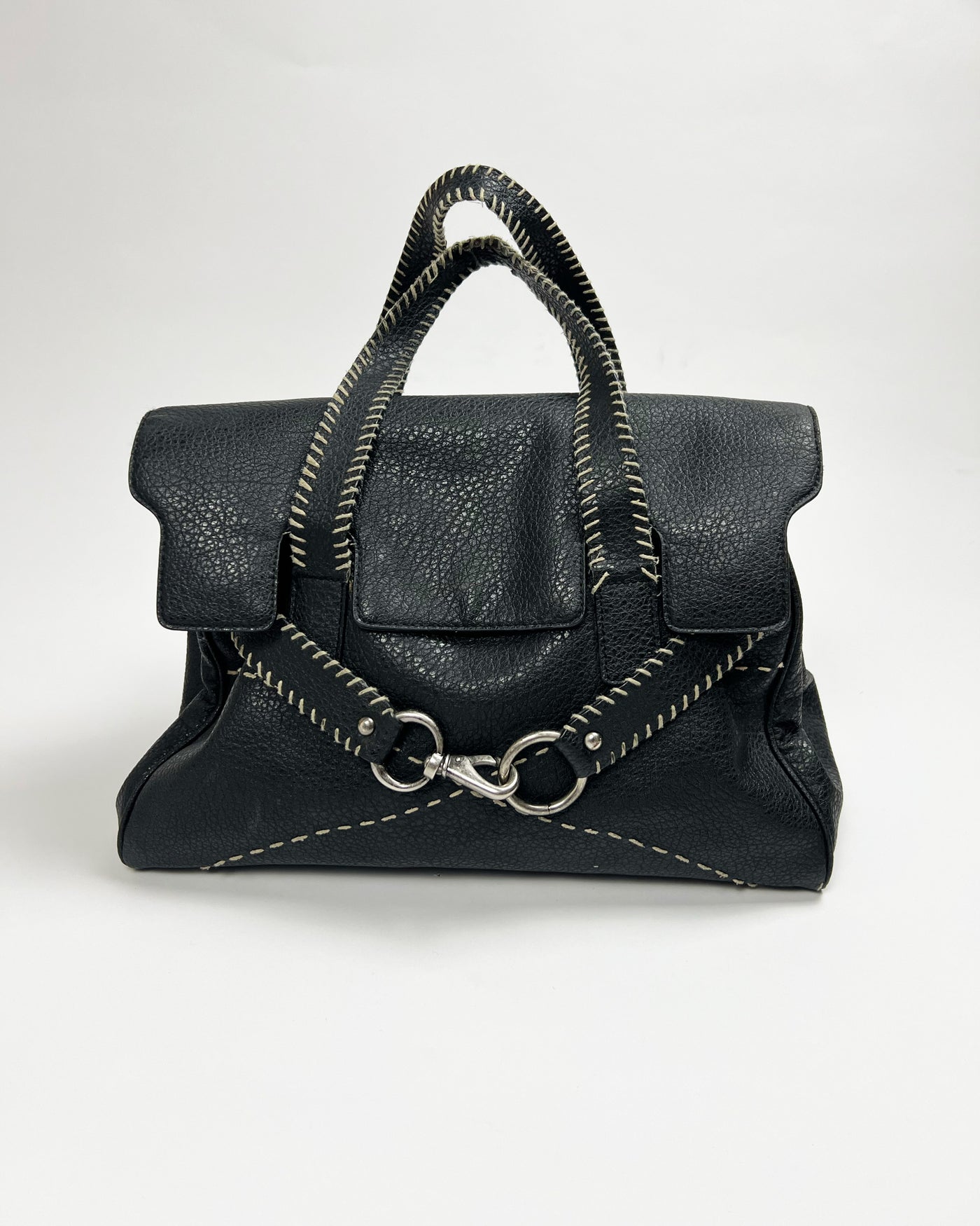 00's Black Faux Leather Top Handle Bag with Lobster Claw Clasp & Whipstitch Detail