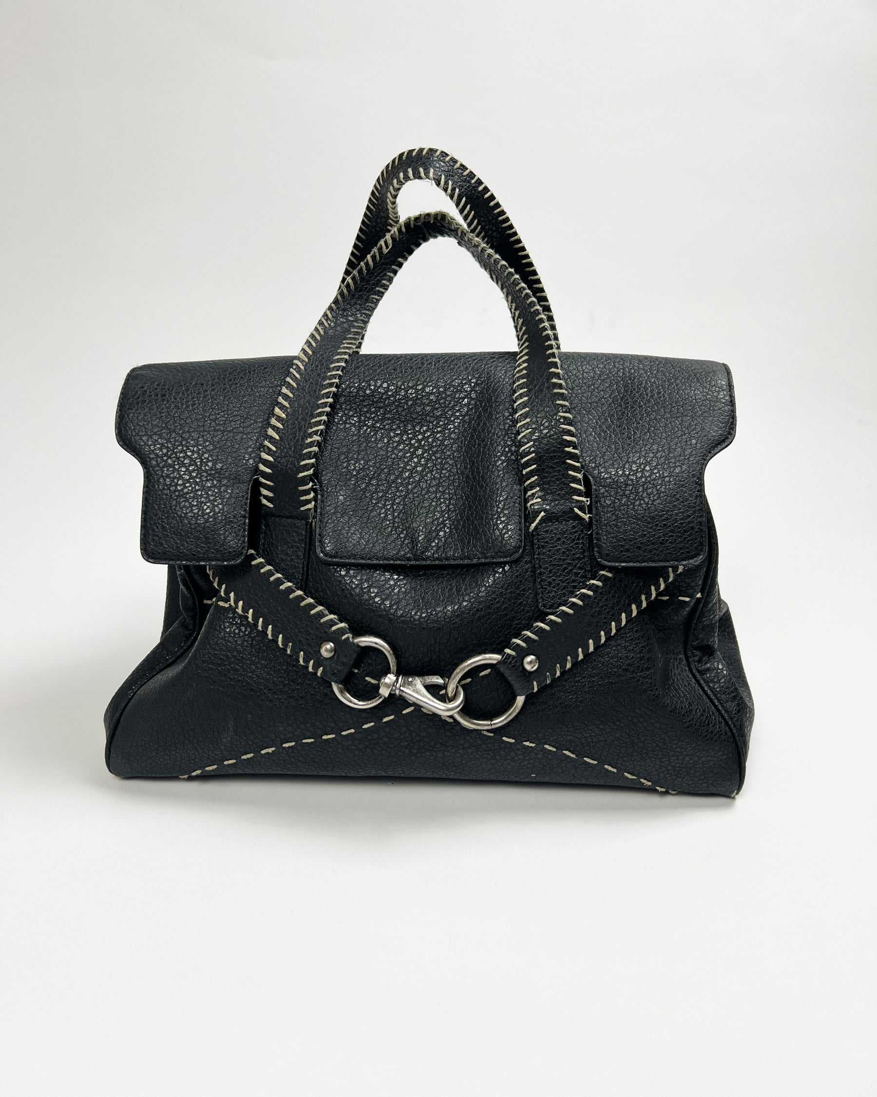 00's Black Faux Leather Top Handle Bag with Lobster Claw Clasp & Whipstitch Detail