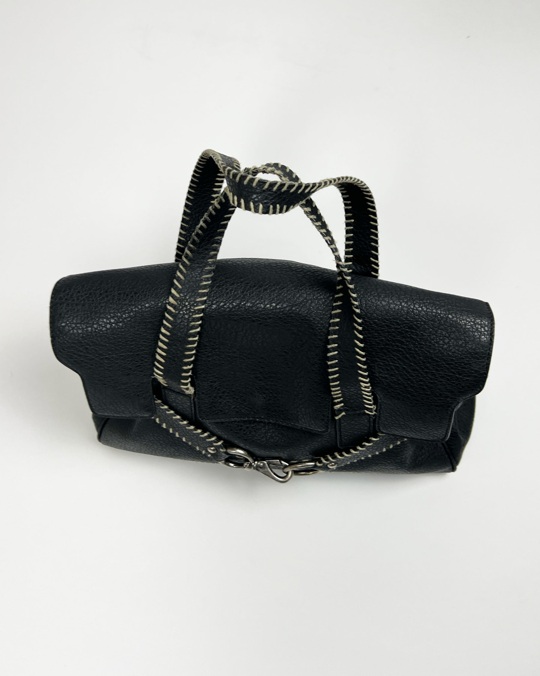 00's Black Faux Leather Top Handle Bag with Lobster Claw Clasp & Whipstitch Detail