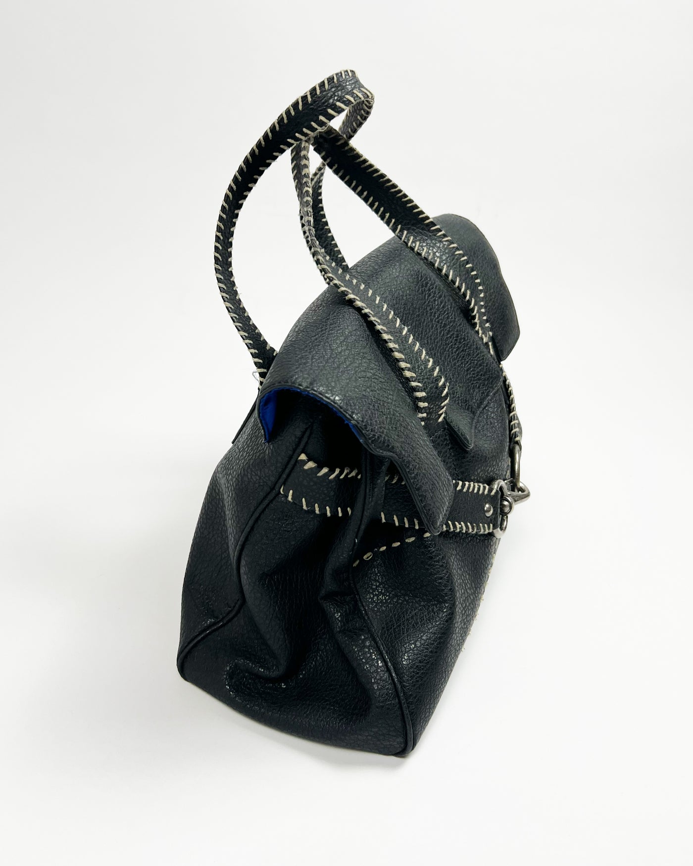 00's Black Faux Leather Top Handle Bag with Lobster Claw Clasp & Whipstitch Detail