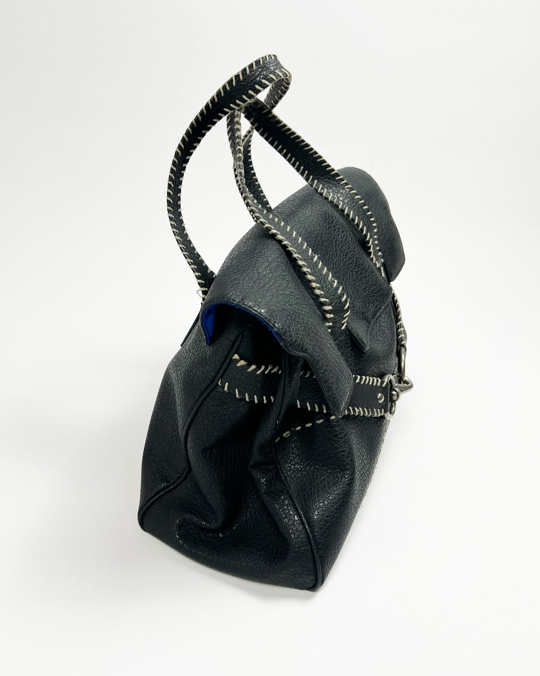 00's Black Faux Leather Top Handle Bag with Lobster Claw Clasp & Whipstitch Detail