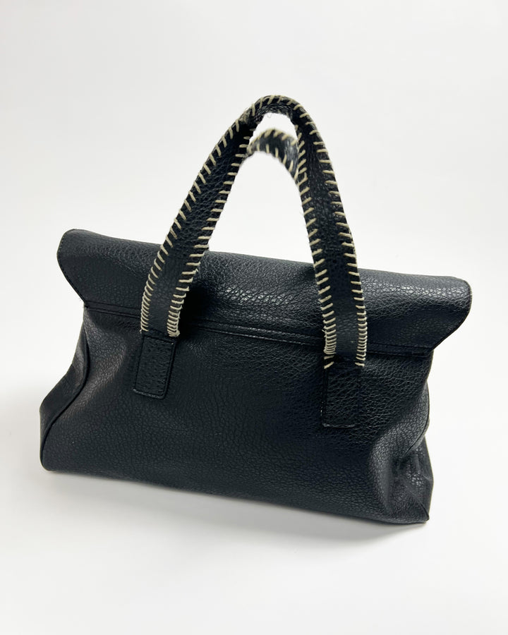 00's Black Faux Leather Top Handle Bag with Lobster Claw Clasp & Whipstitch Detail