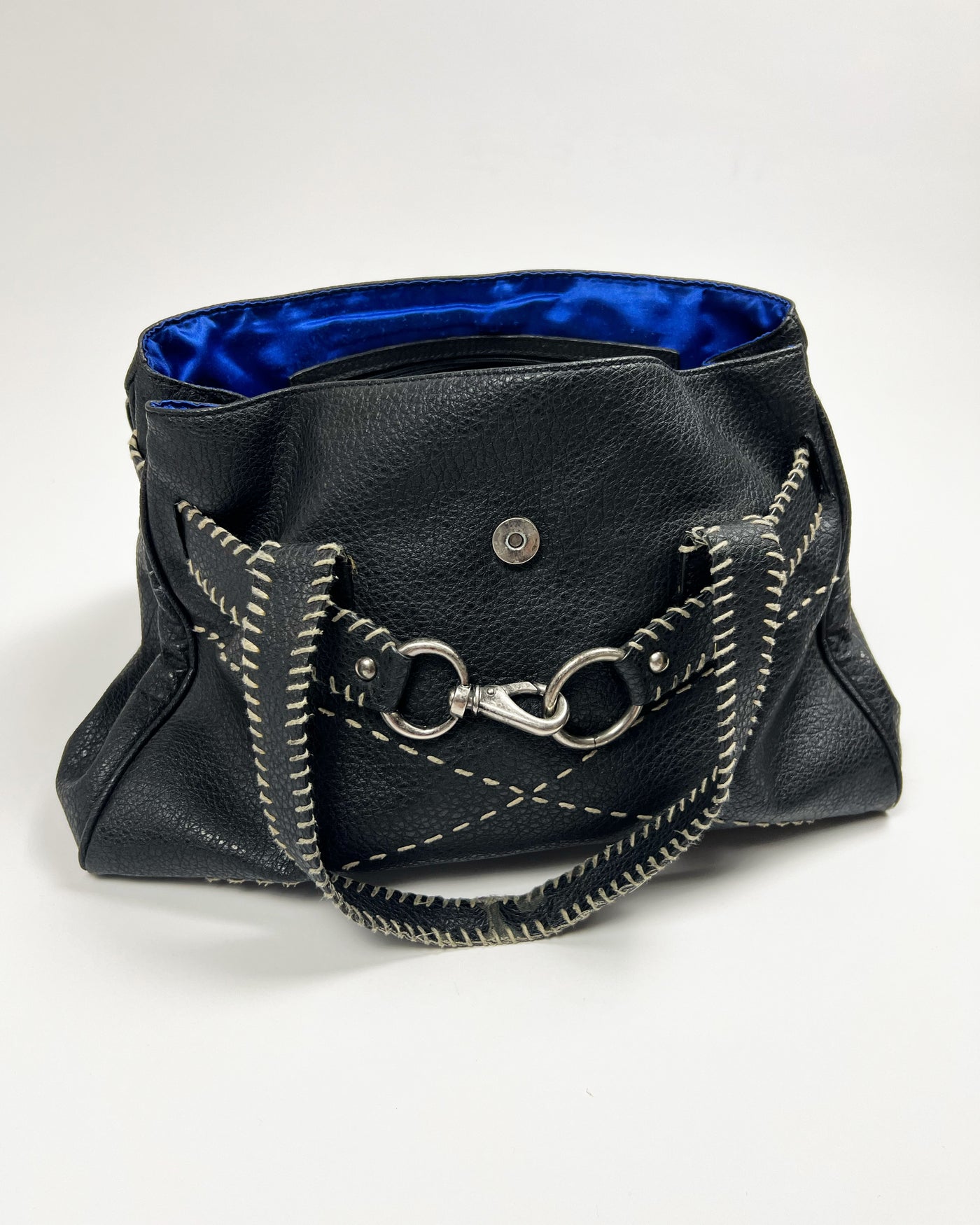 00's Black Faux Leather Top Handle Bag with Lobster Claw Clasp & Whipstitch Detail