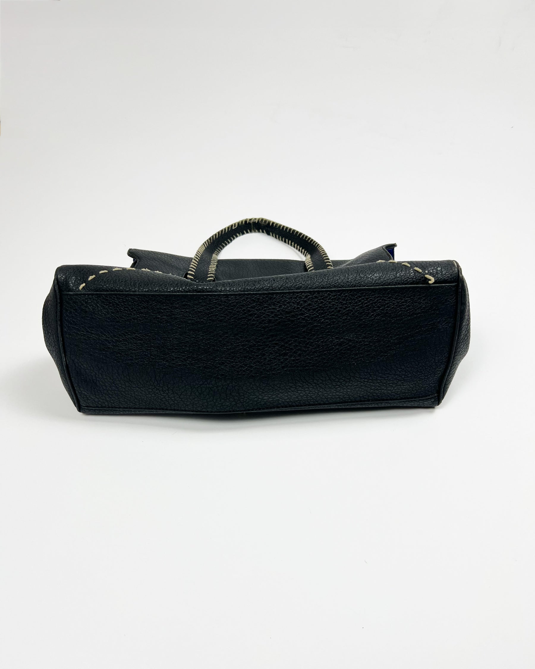 00's Black Faux Leather Top Handle Bag with Lobster Claw Clasp & Whipstitch Detail