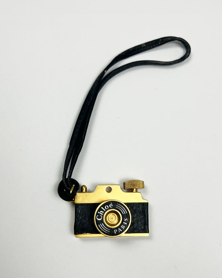 00's Chloé Miniature Camera Charm Keyring in Brass Metal & Leather